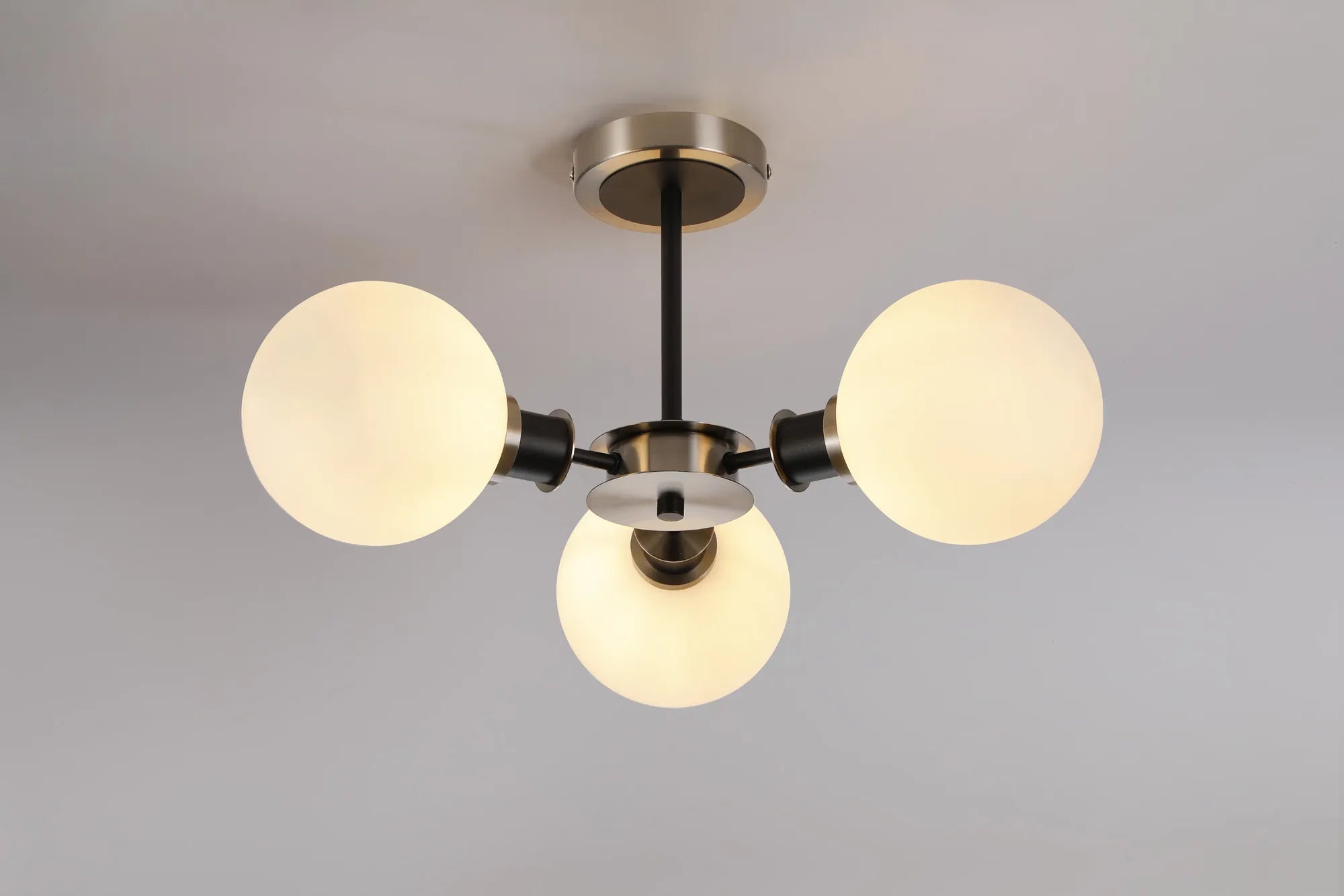 Sycamore Semi Ceiliing 3 Light with 15cm Round Glass Shade - Satin Nickel, Opal & Satin Black