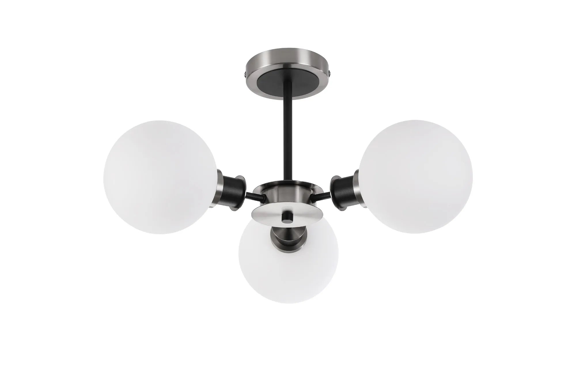 Sycamore Semi Ceiliing 3 Light with 15cm Round Glass Shade - Satin Nickel, Opal & Satin Black