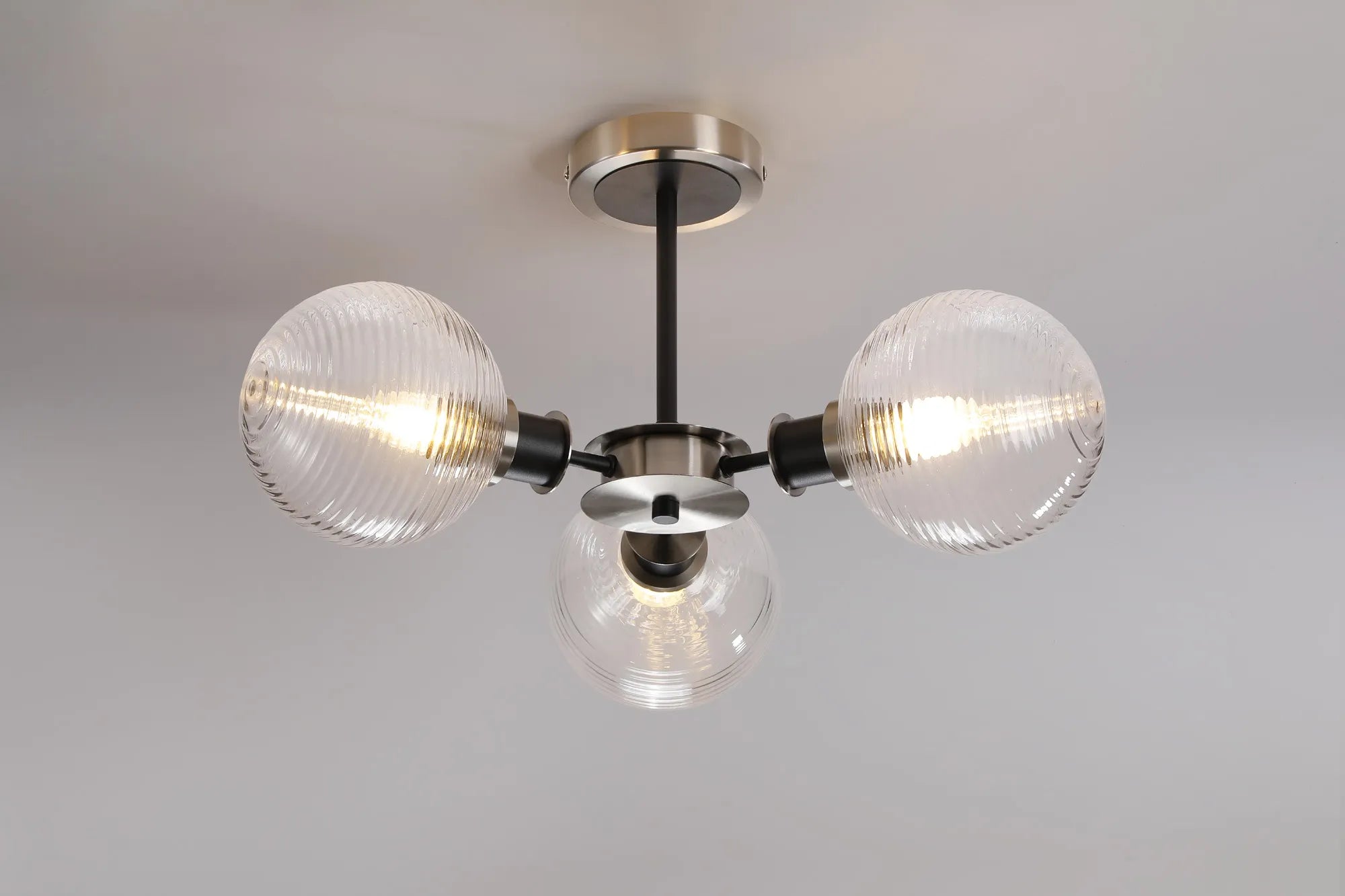 Sycamore Semi Ceiliing 3 Light with 15cm Round Ribbed Glass Shade - Satin Nickel, Clear & Satin Black