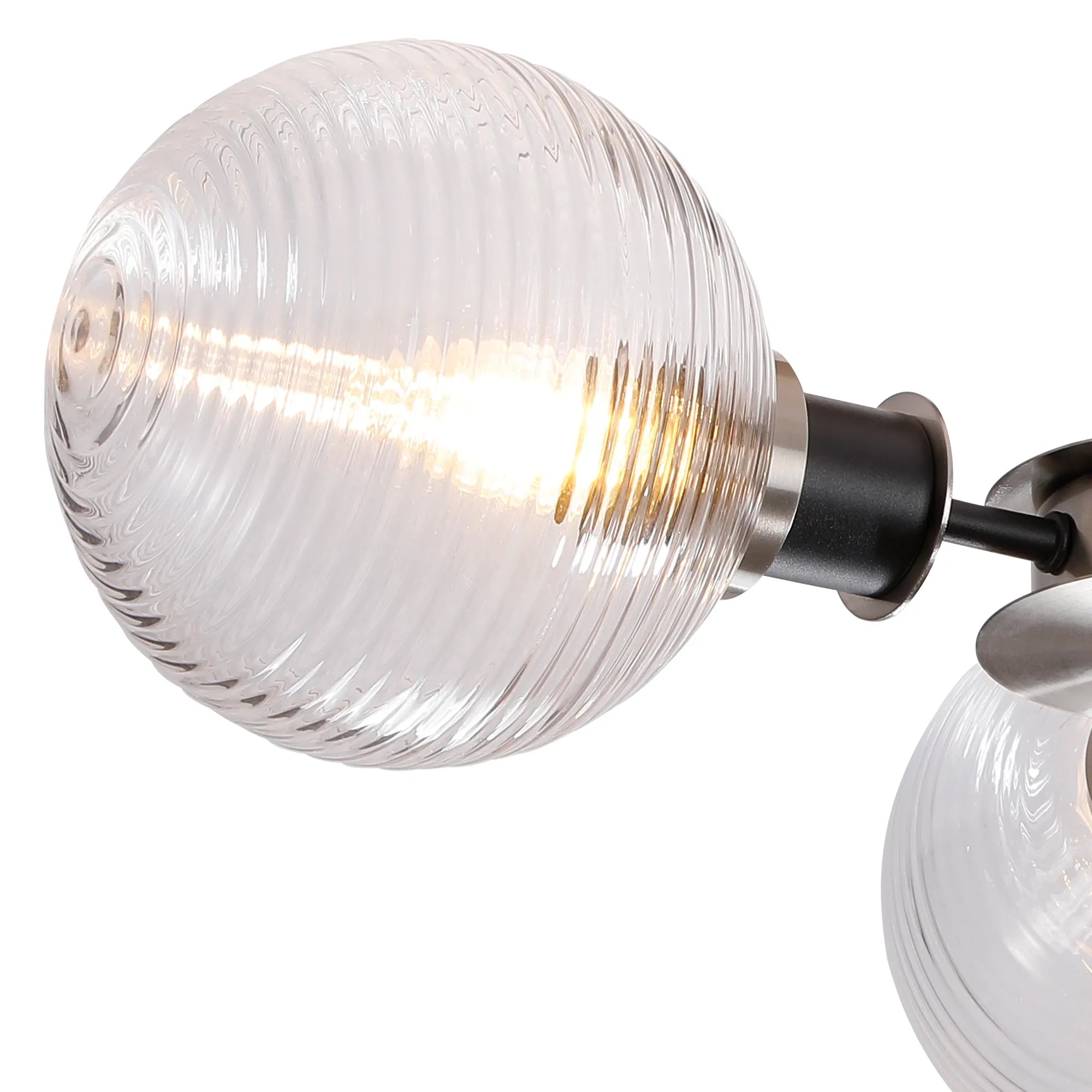 Sycamore Semi Ceiliing 3 Light with 15cm Round Ribbed Glass Shade - Satin Nickel, Clear & Satin Black
