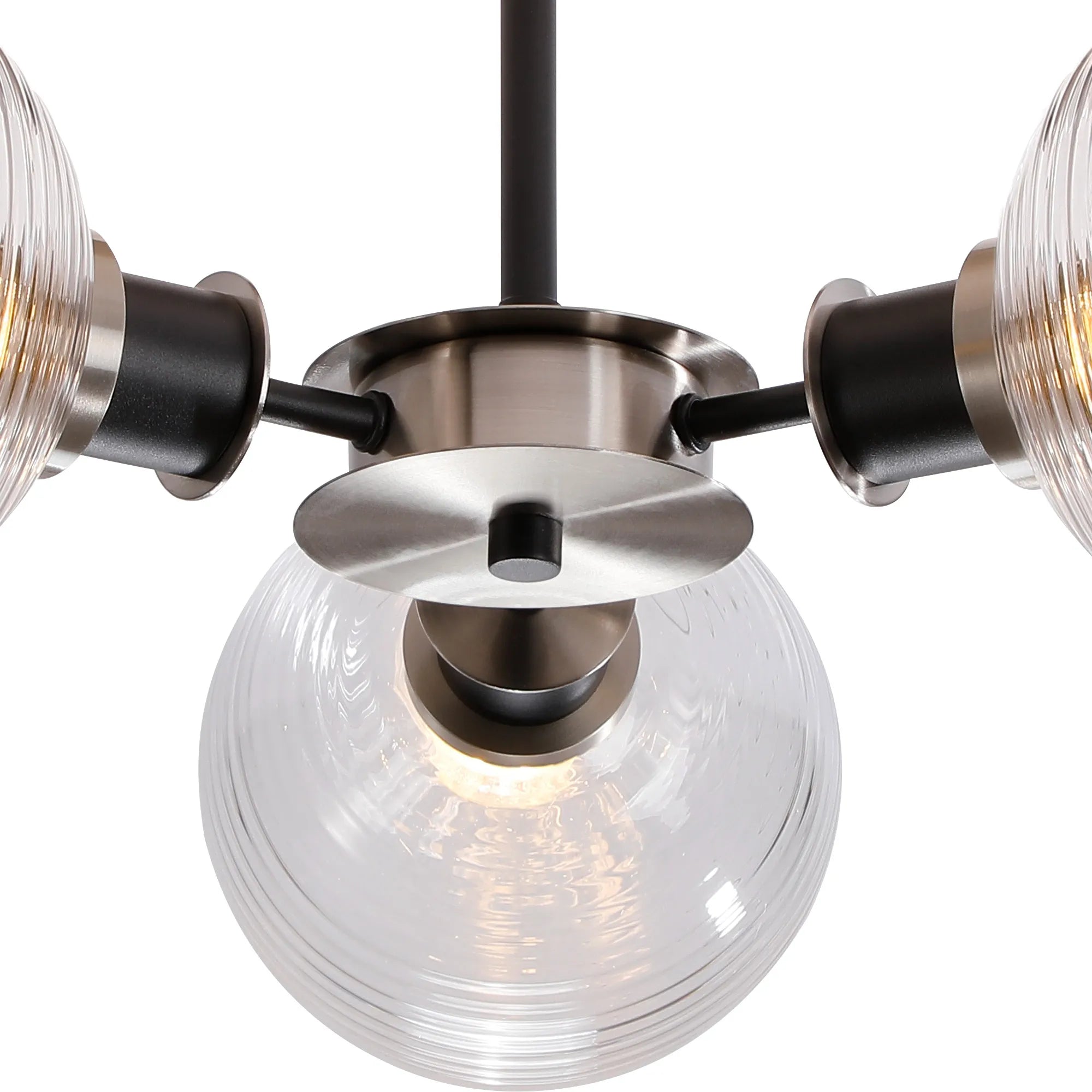 Sycamore Semi Ceiliing 3 Light with 15cm Round Ribbed Glass Shade - Satin Nickel, Clear & Satin Black