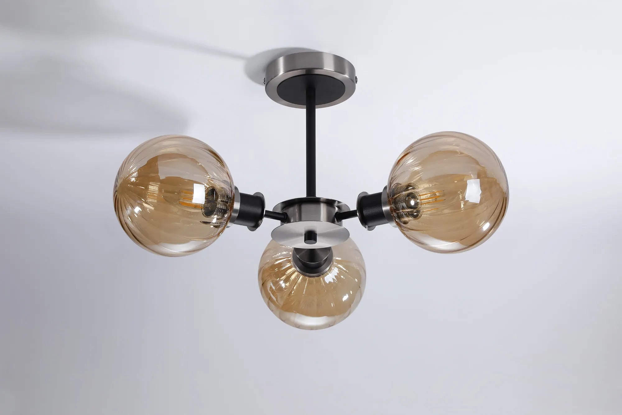 Sycamore Semi Ceiliing 3 Light with 15cm Round Segment Glass Shade - Satin Nickel, Amber Plated & Satin Black