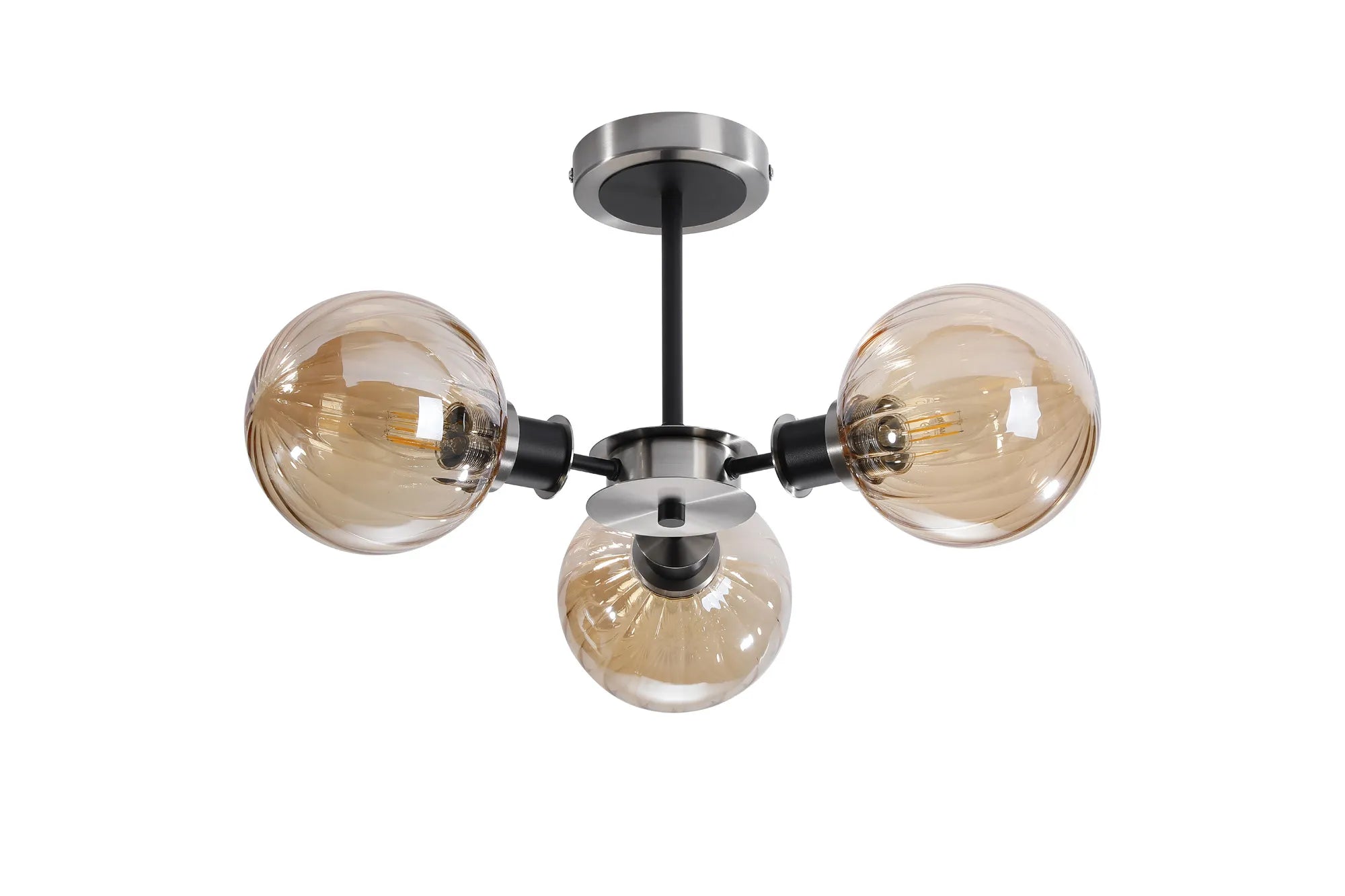 Sycamore Semi Ceiliing 3 Light with 15cm Round Segment Glass Shade - Satin Nickel, Amber Plated & Satin Black