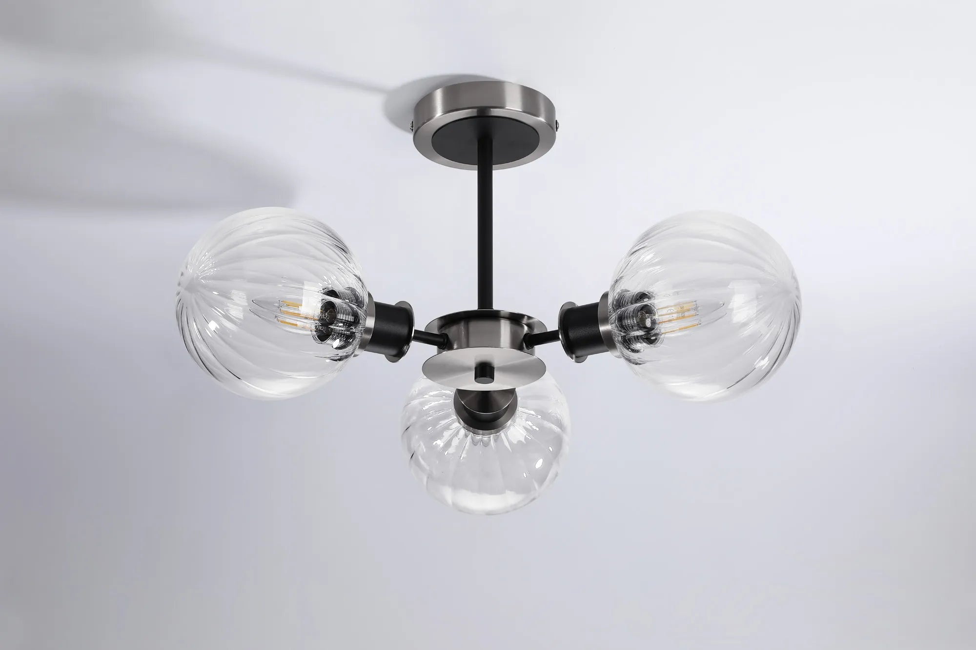 Sycamore Semi Ceiliing 3 Light with 15cm Round Segment Glass Shade - Satin Nickel, Clear & Satin Black