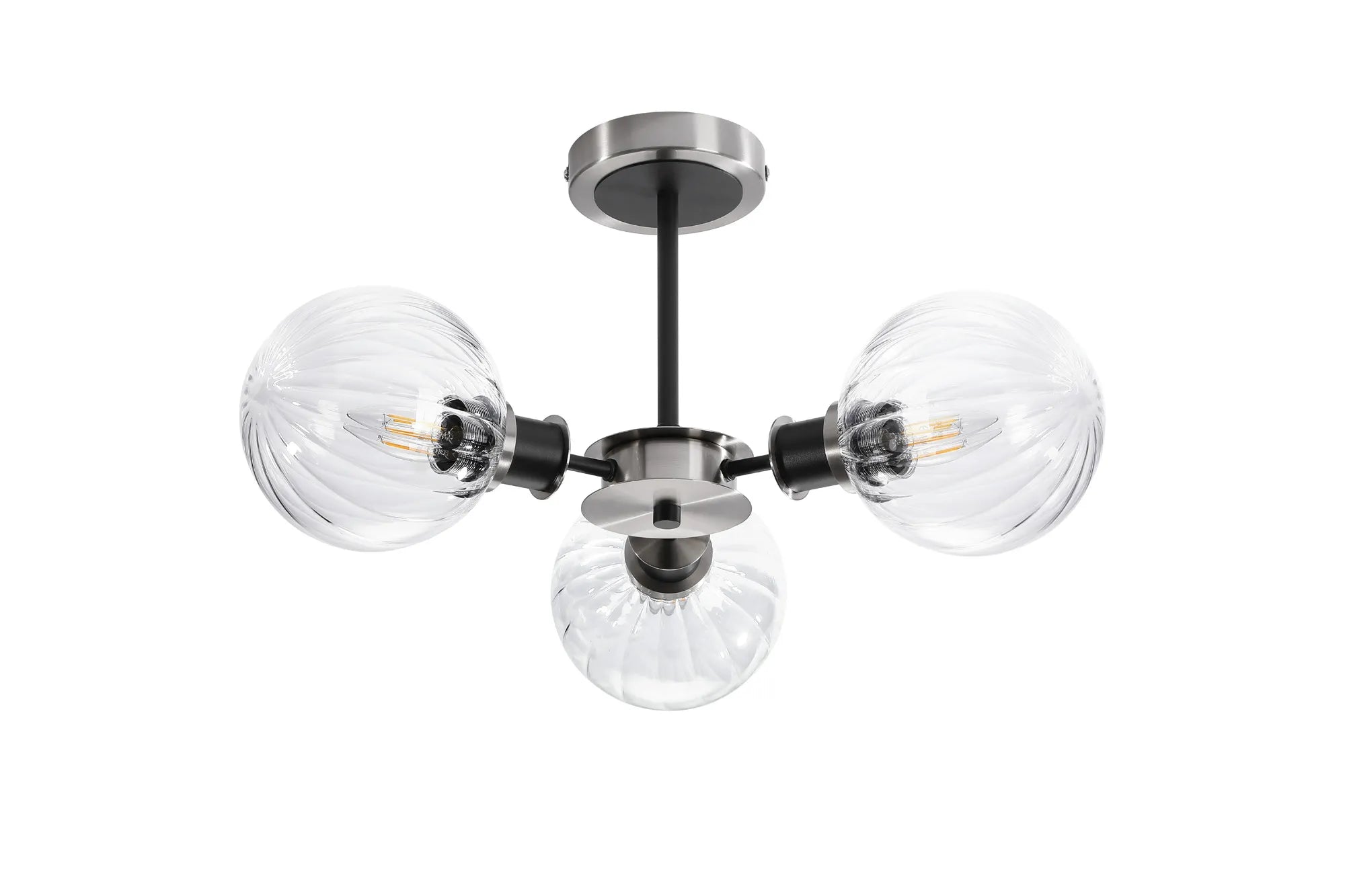 Sycamore Semi Ceiliing 3 Light with 15cm Round Segment Glass Shade - Satin Nickel, Clear & Satin Black
