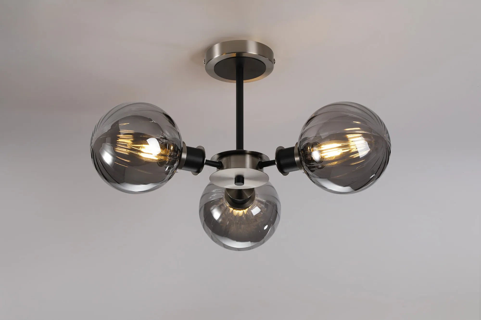 Sycamore Semi Ceiliing 3 Light with 15cm Round Segment Glass Shade - Satin Nickel, Smoke Plated & Satin Black