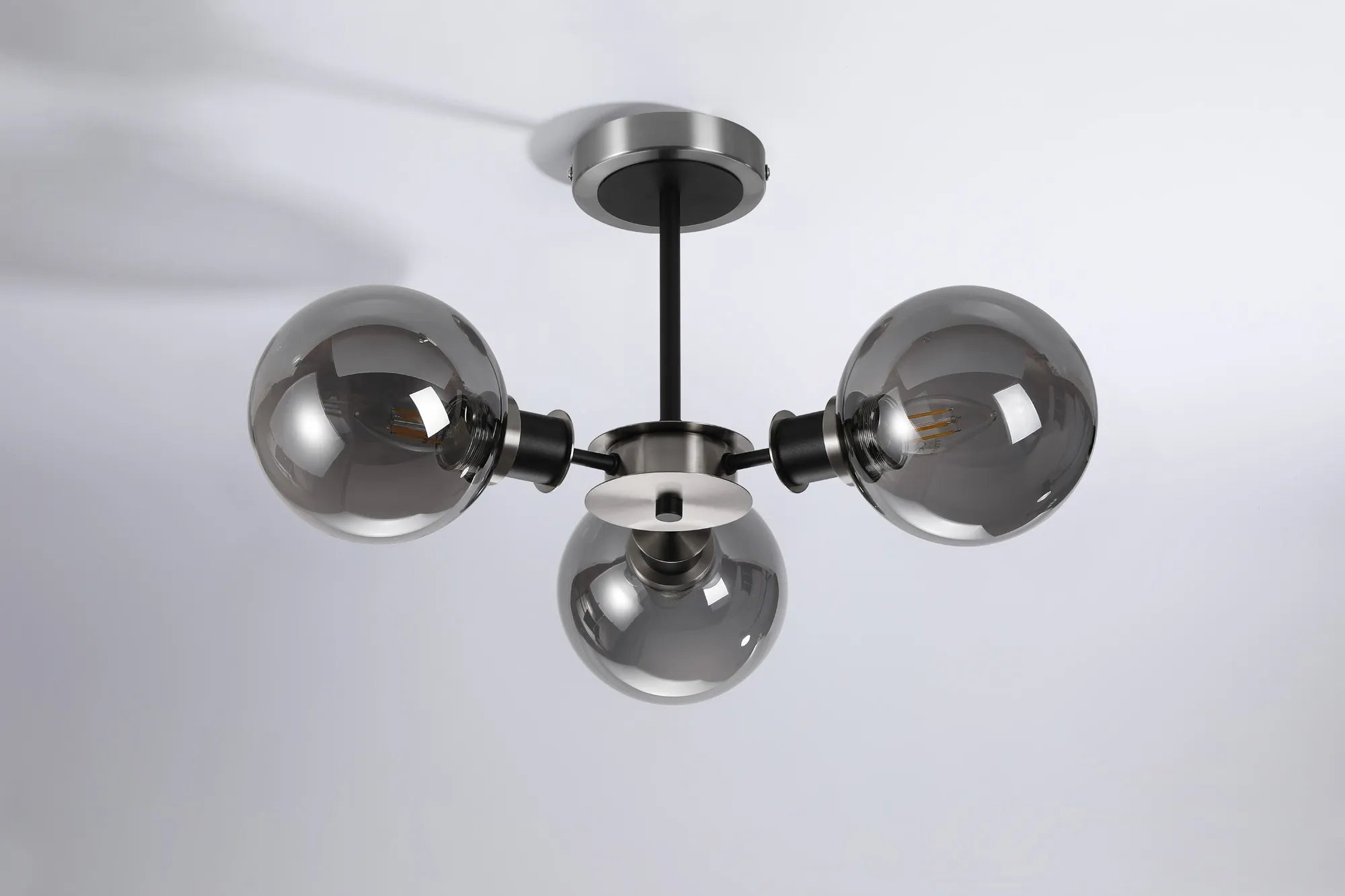 Sycamore Semi Ceiliing 3 Light with 15cm Round Glass Shade - Satin Nickel, Smoke Plated & Satin Black