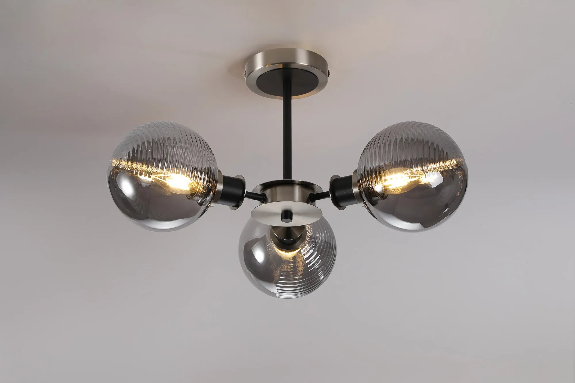 Sycamore Semi Ceiliing 3 Light with 15cm Round Double Textured Smooth & Ribbed Glass Shade - Satin Nickel, Smoke Plated & Satin Black