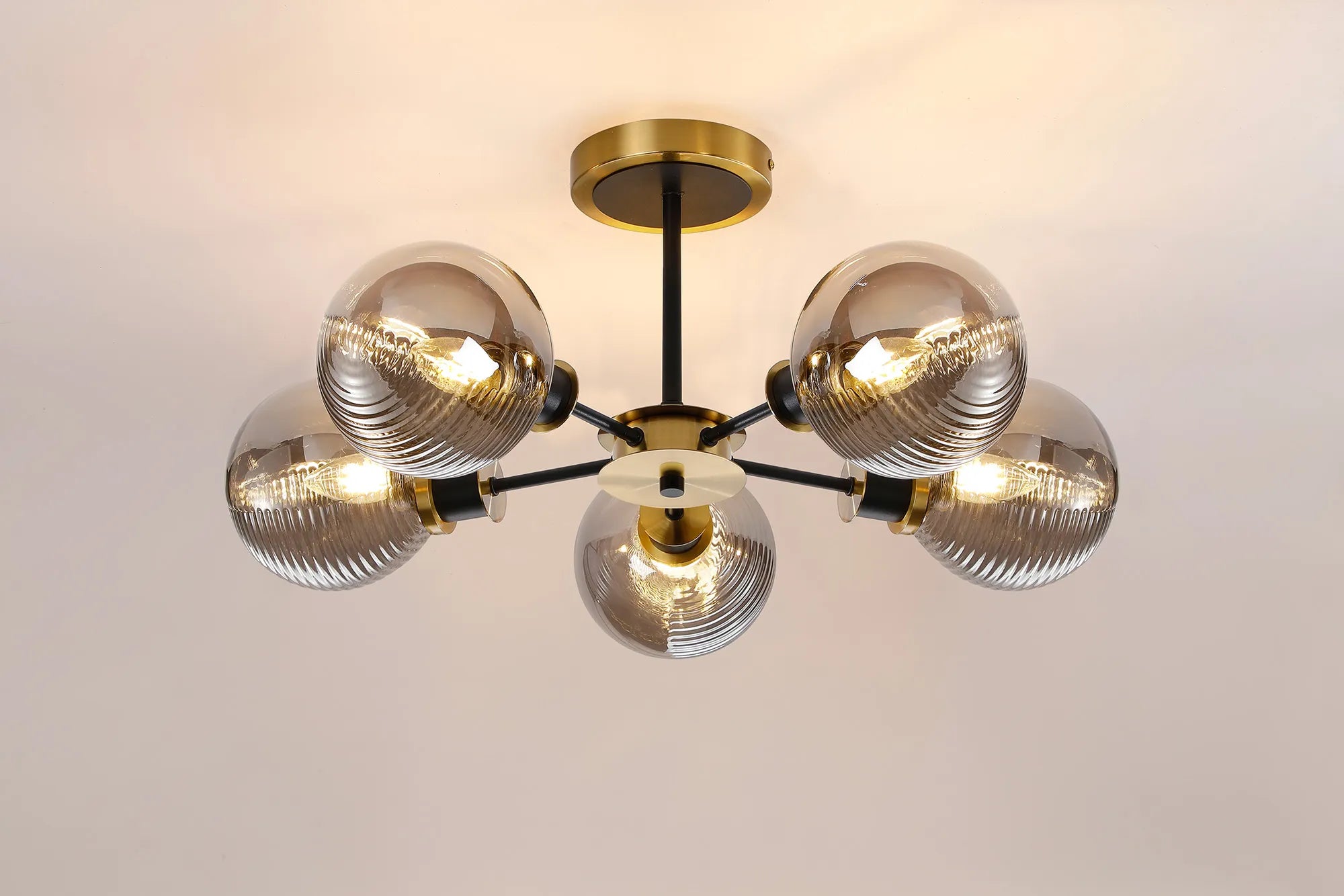 Sycamore Semi Ceiliing 5 Light with 15cm Round Double Textured Smooth & Ribbed Glass Shade - Brass, Smoke Plated & Satin Black