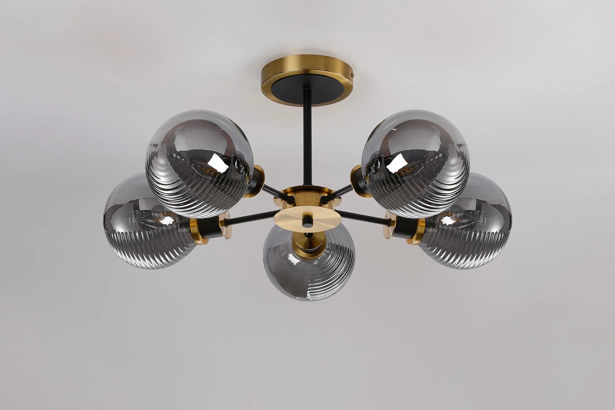 Sycamore Semi Ceiliing 5 Light with 15cm Round Double Textured Smooth & Ribbed Glass Shade - Brass, Smoke Plated & Satin Black