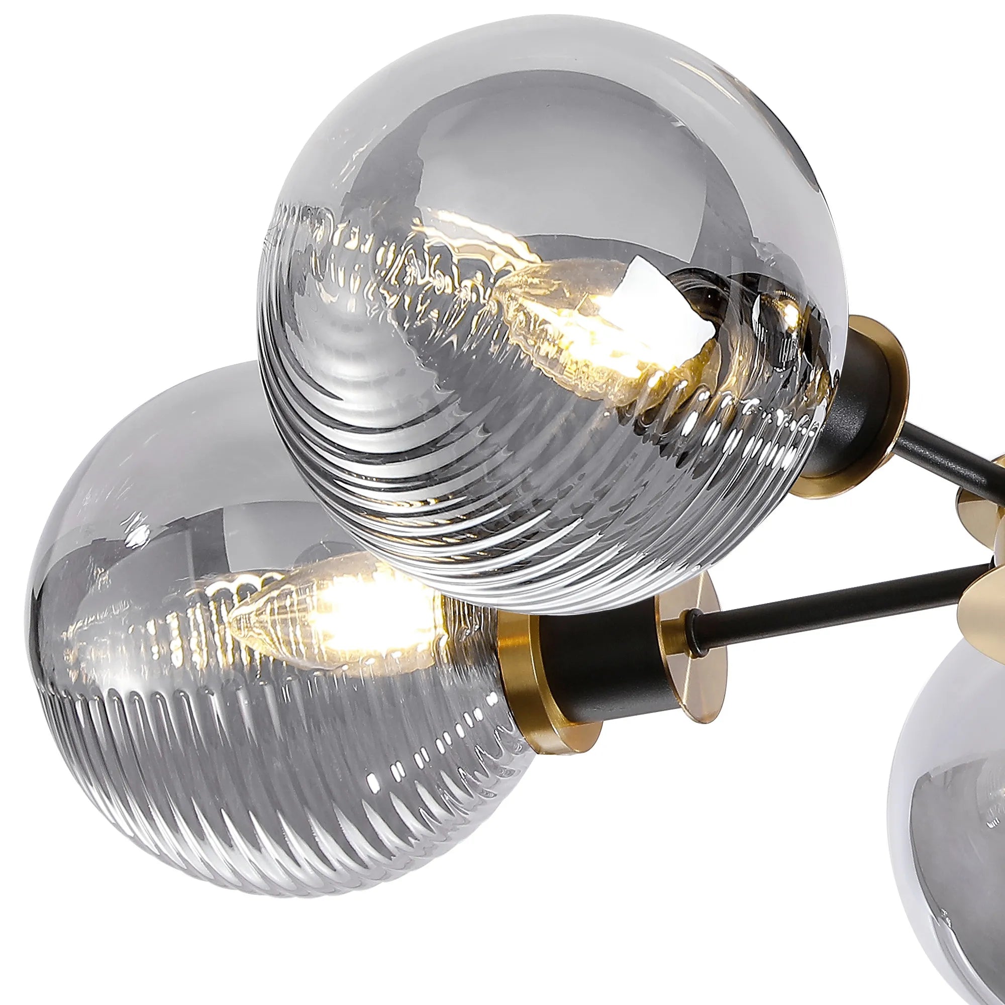 Sycamore Semi Ceiliing 5 Light with 15cm Round Double Textured Smooth & Ribbed Glass Shade - Brass, Smoke Plated & Satin Black