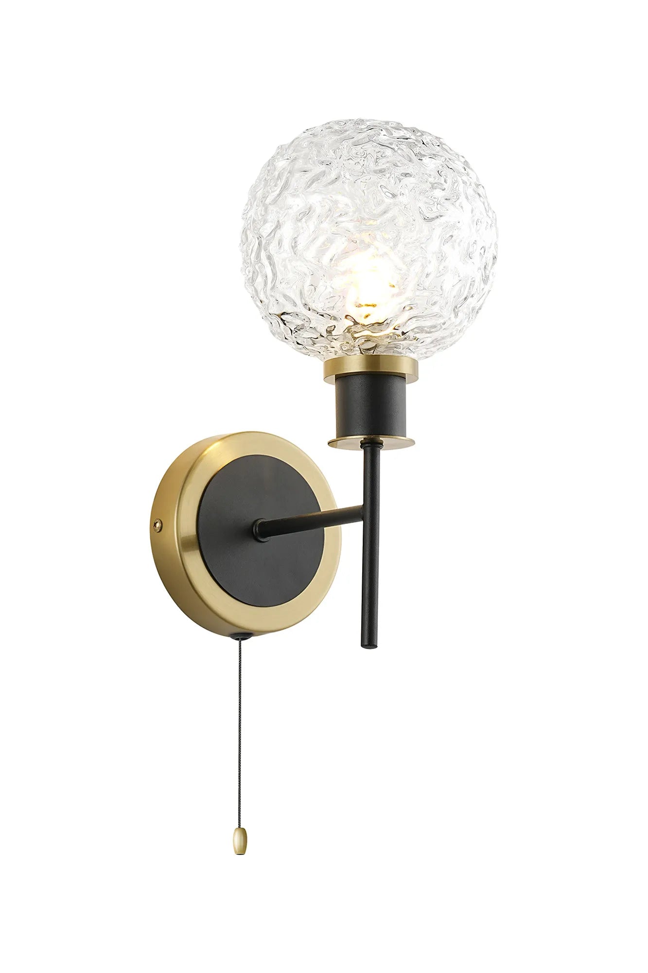 Sycamore Switched Wall Light with 15cm Round Textured Crumple Glass Shade - Brass, Clear & Satin Black
