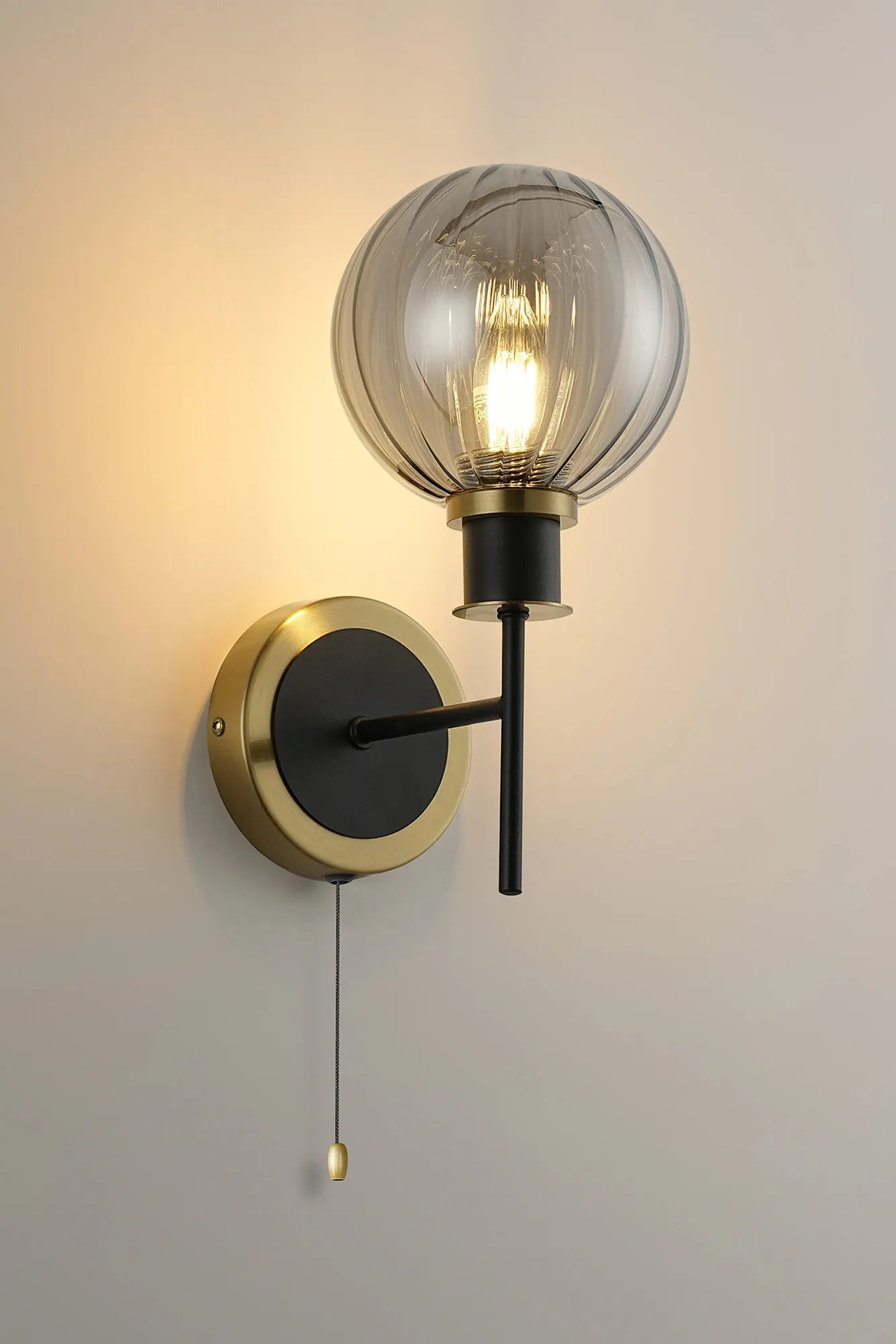 Sycamore Switched Wall Light with 15cm Round Segment Glass Shade - Brass, Smoke Plated & Satin Black