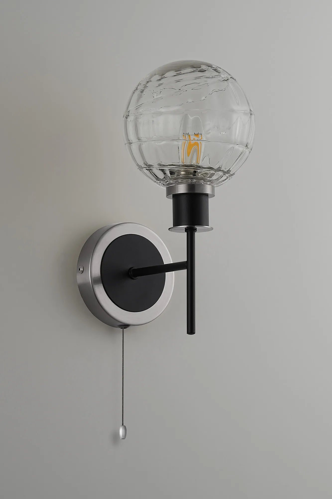 Sycamore Switched Wall Light with 15cm Round Textured Melting Glass Shade - Satin Nickel, Clear & Satin Black