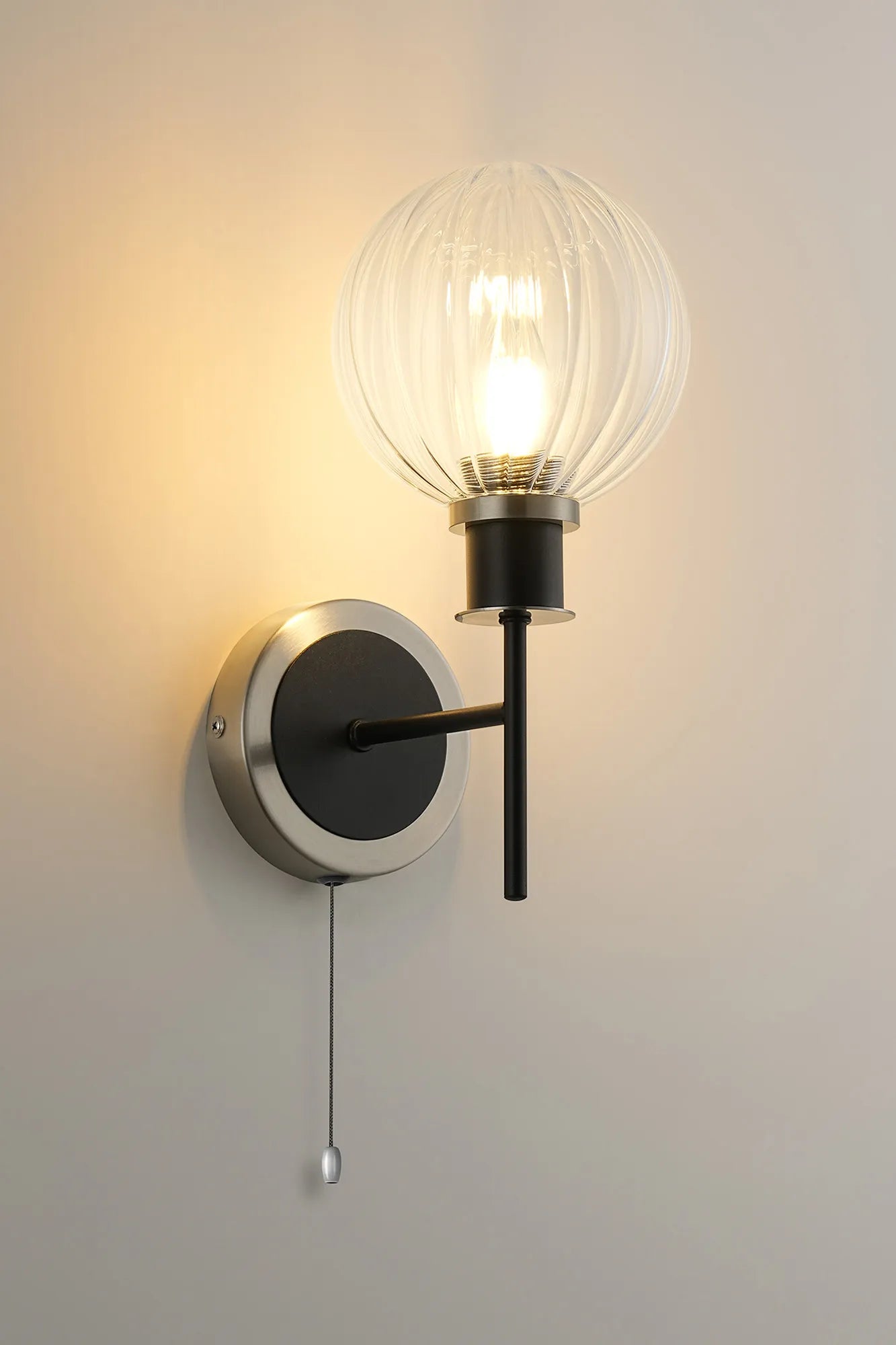 Sycamore Switched Wall Light with 15cm Round Segment Glass Shade - Satin Nickel, Clear & Satin Black