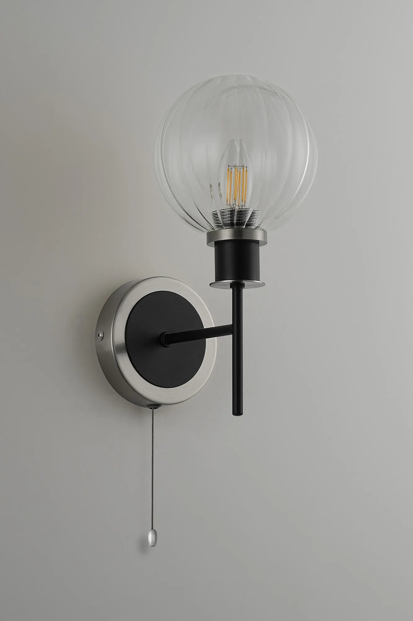 Sycamore Switched Wall Light with 15cm Round Segment Glass Shade - Satin Nickel, Clear & Satin Black