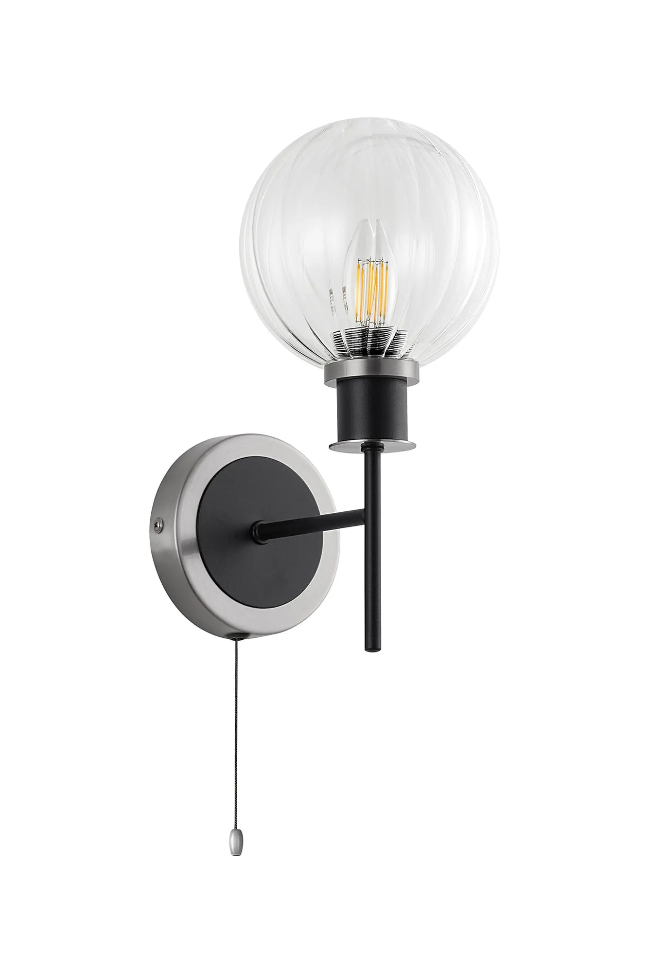 Sycamore Switched Wall Light with 15cm Round Segment Glass Shade - Satin Nickel, Clear & Satin Black