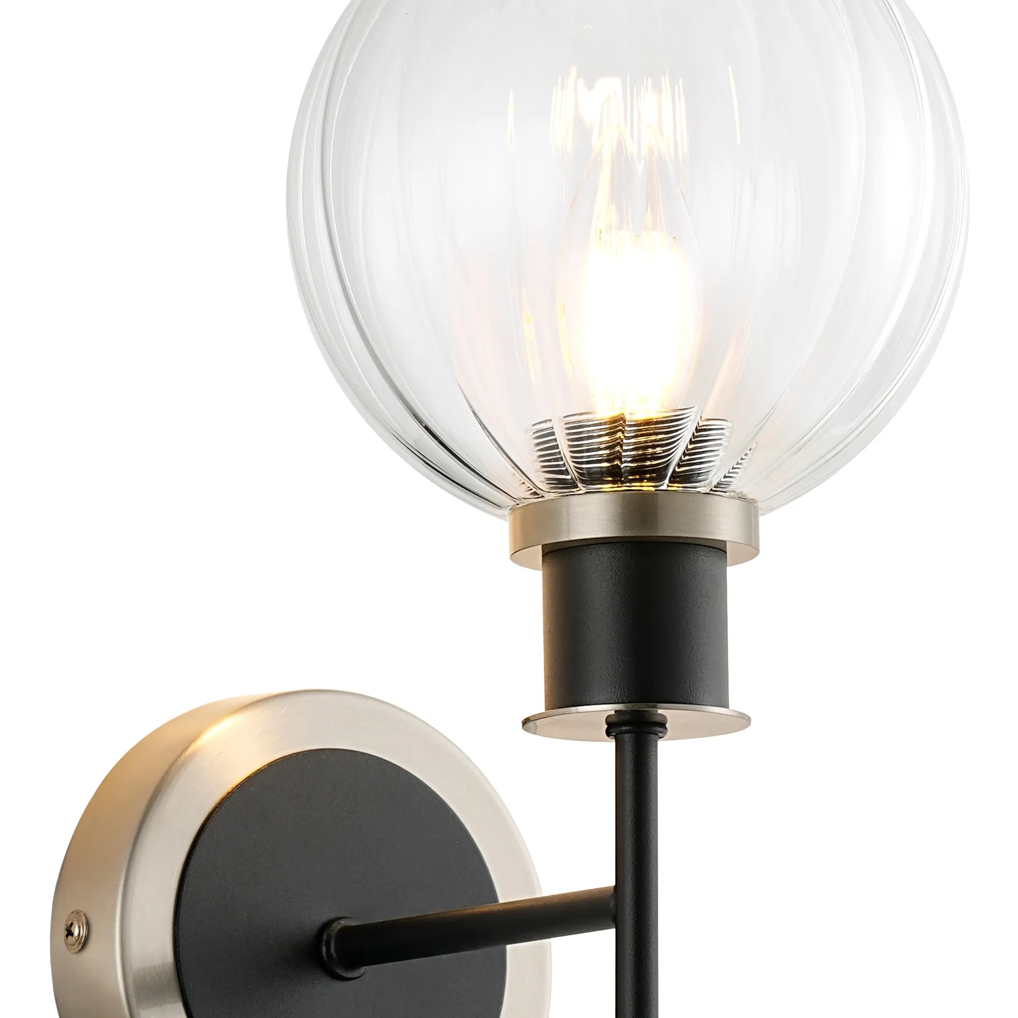 Sycamore Switched Wall Light with 15cm Round Segment Glass Shade - Satin Nickel, Clear & Satin Black