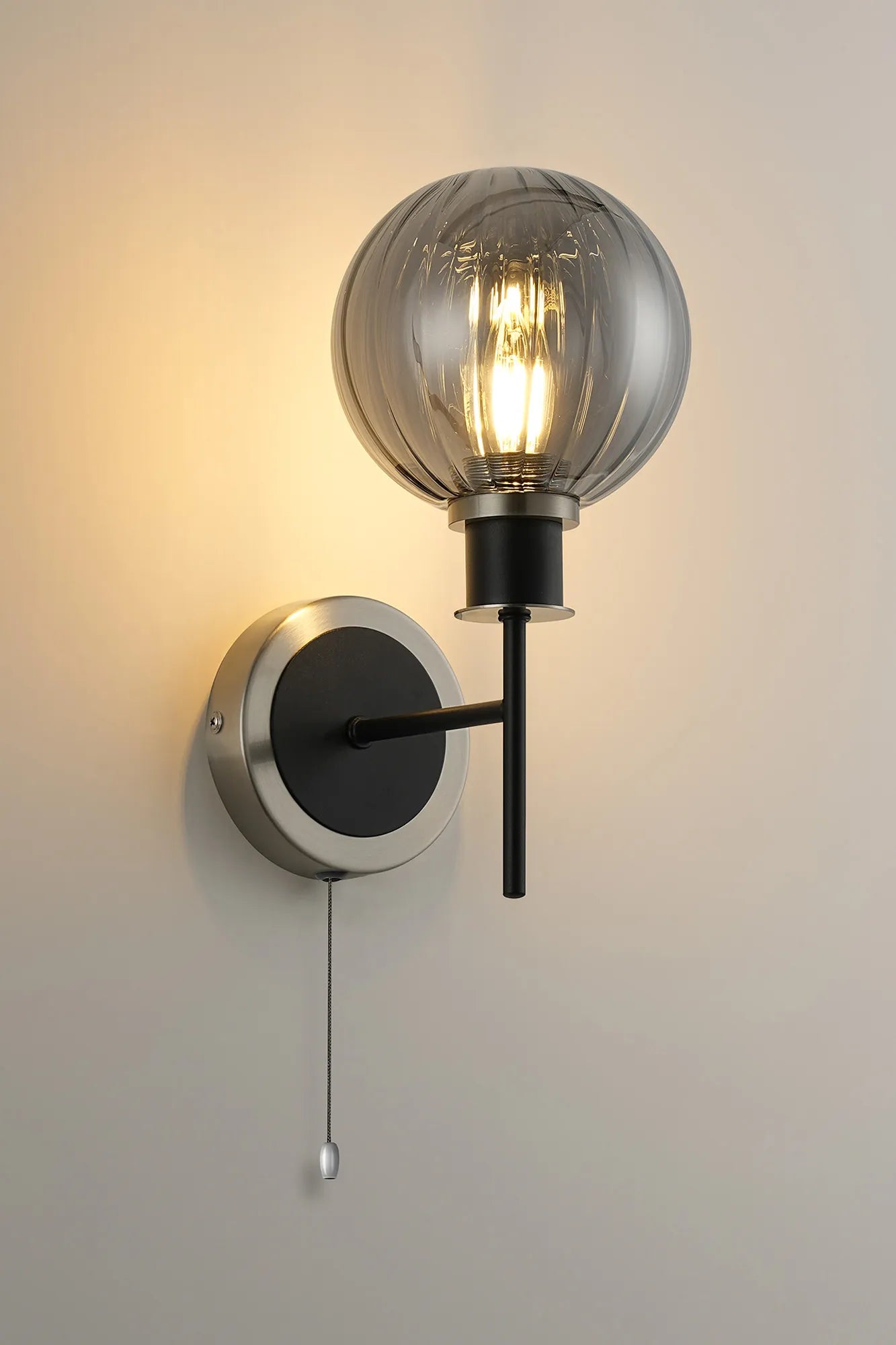 Sycamore Switched Wall Light with 15cm Round Segment Glass Shade - Satin Nickel, Smoke Plated & Satin Black