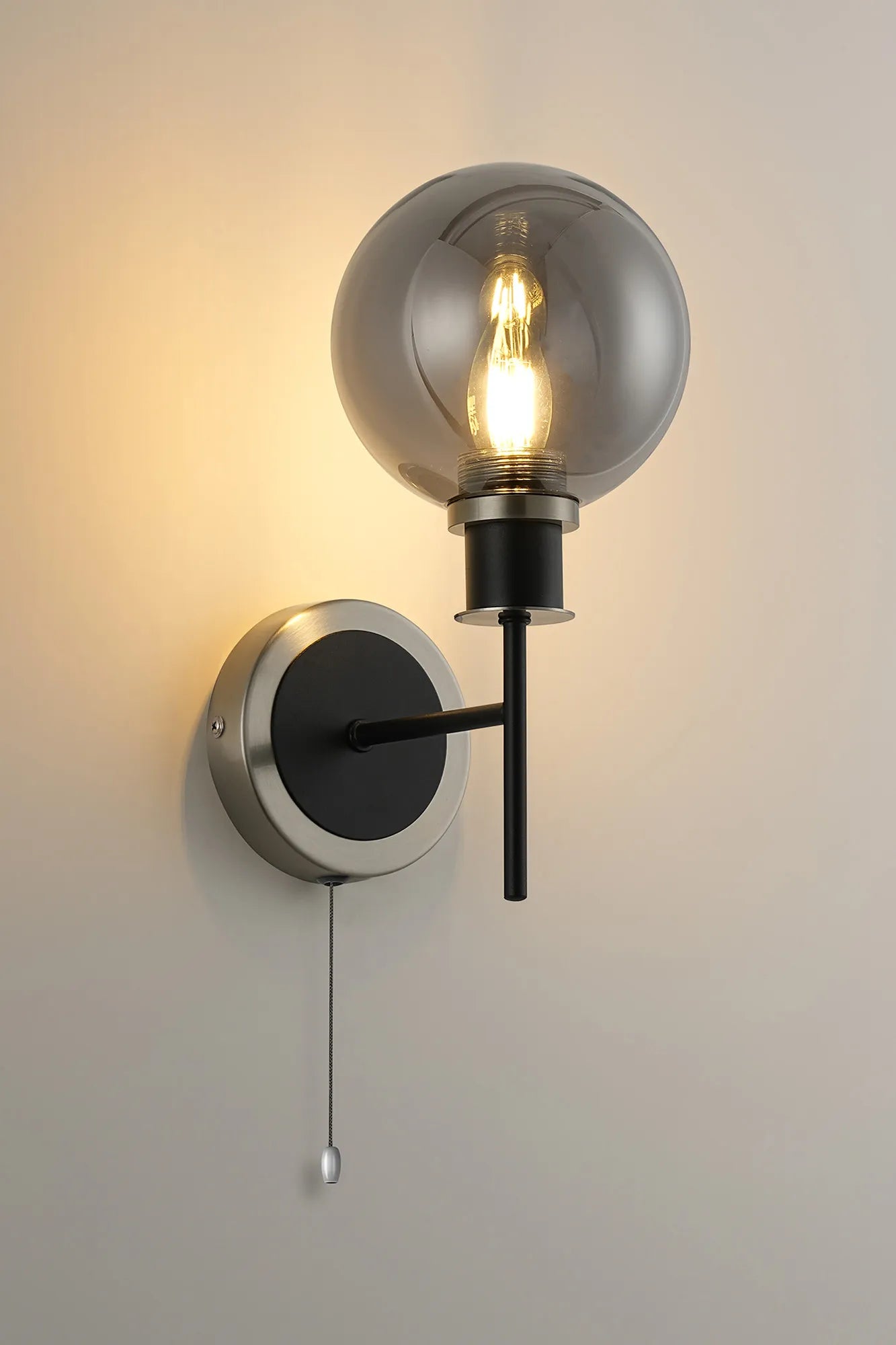 Sycamore Switched Wall Light with 15cm Round Glass Shade - Satin Nickel, Smoke Plated & Satin Black