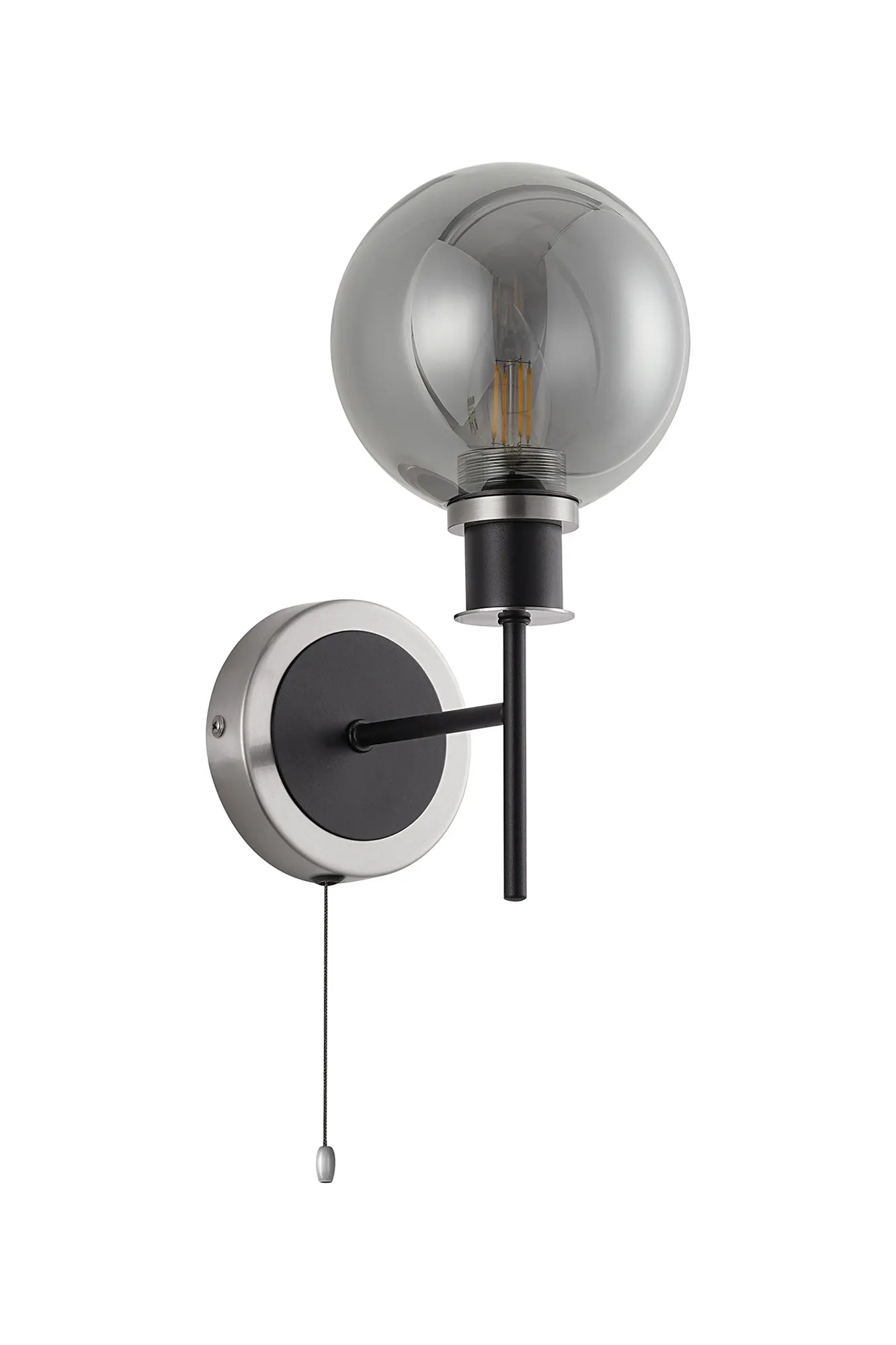 Sycamore Switched Wall Light with 15cm Round Glass Shade - Satin Nickel, Smoke Plated & Satin Black