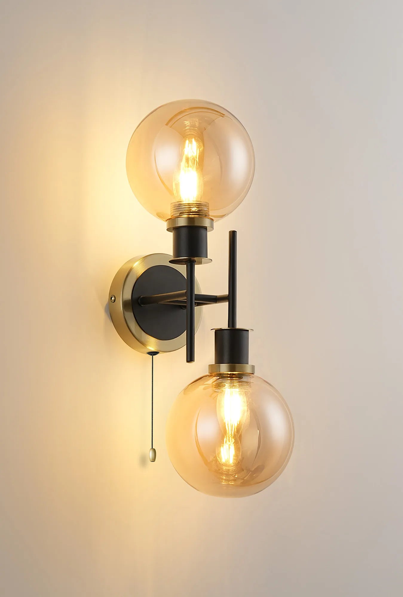 Sycamore Switched Wall Light 2 Light with 15cm Round Glass Shade - Brass, Amber Plated & Satin Black