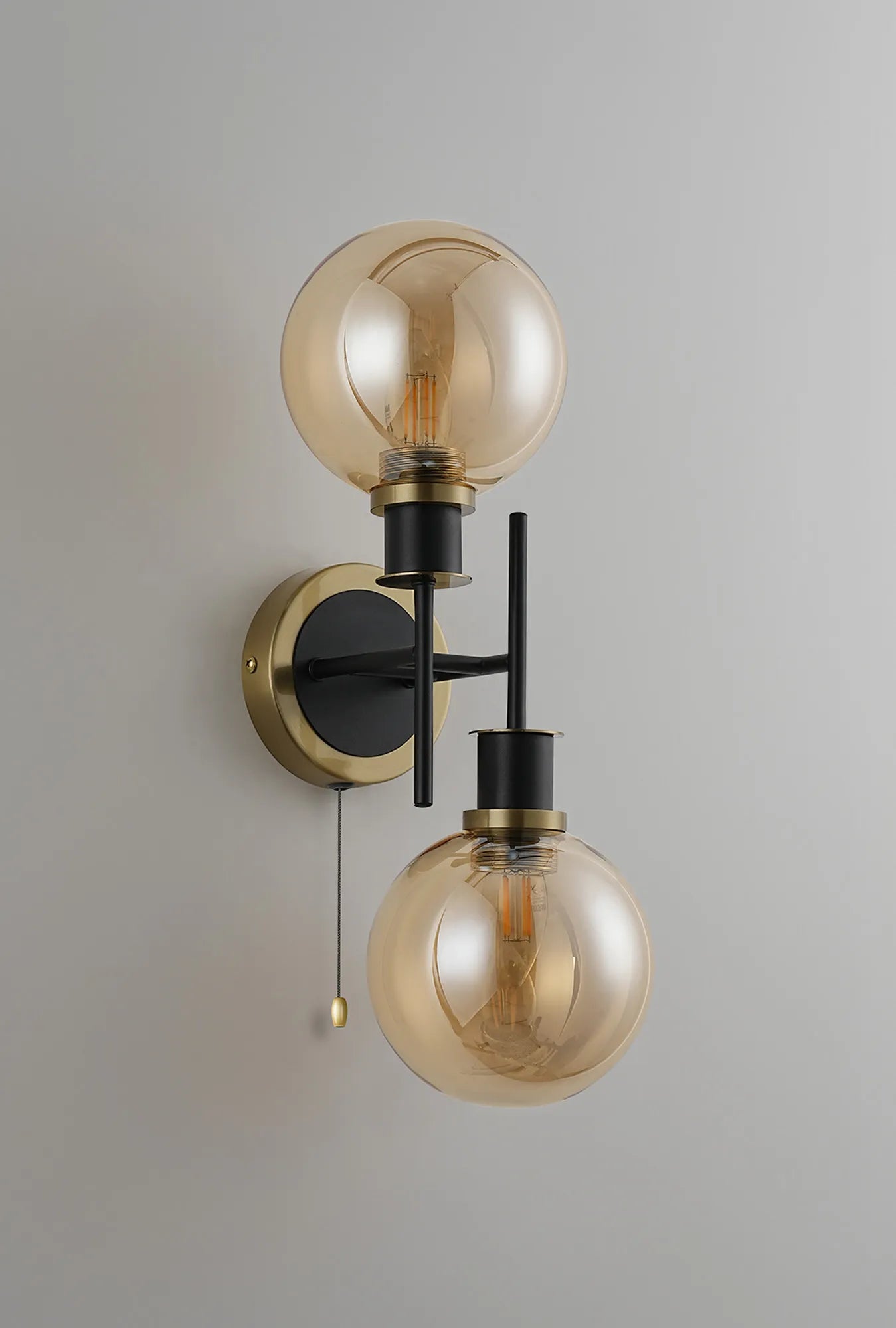 Sycamore Switched Wall Light 2 Light with 15cm Round Glass Shade - Brass, Amber Plated & Satin Black