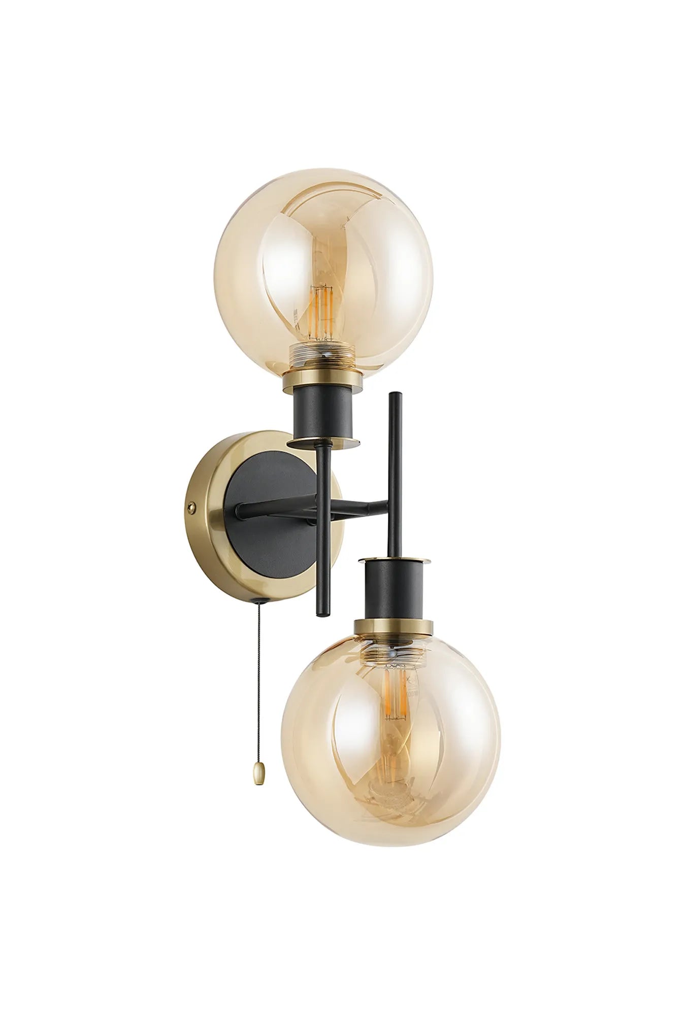Sycamore Switched Wall Light 2 Light with 15cm Round Glass Shade - Brass, Amber Plated & Satin Black