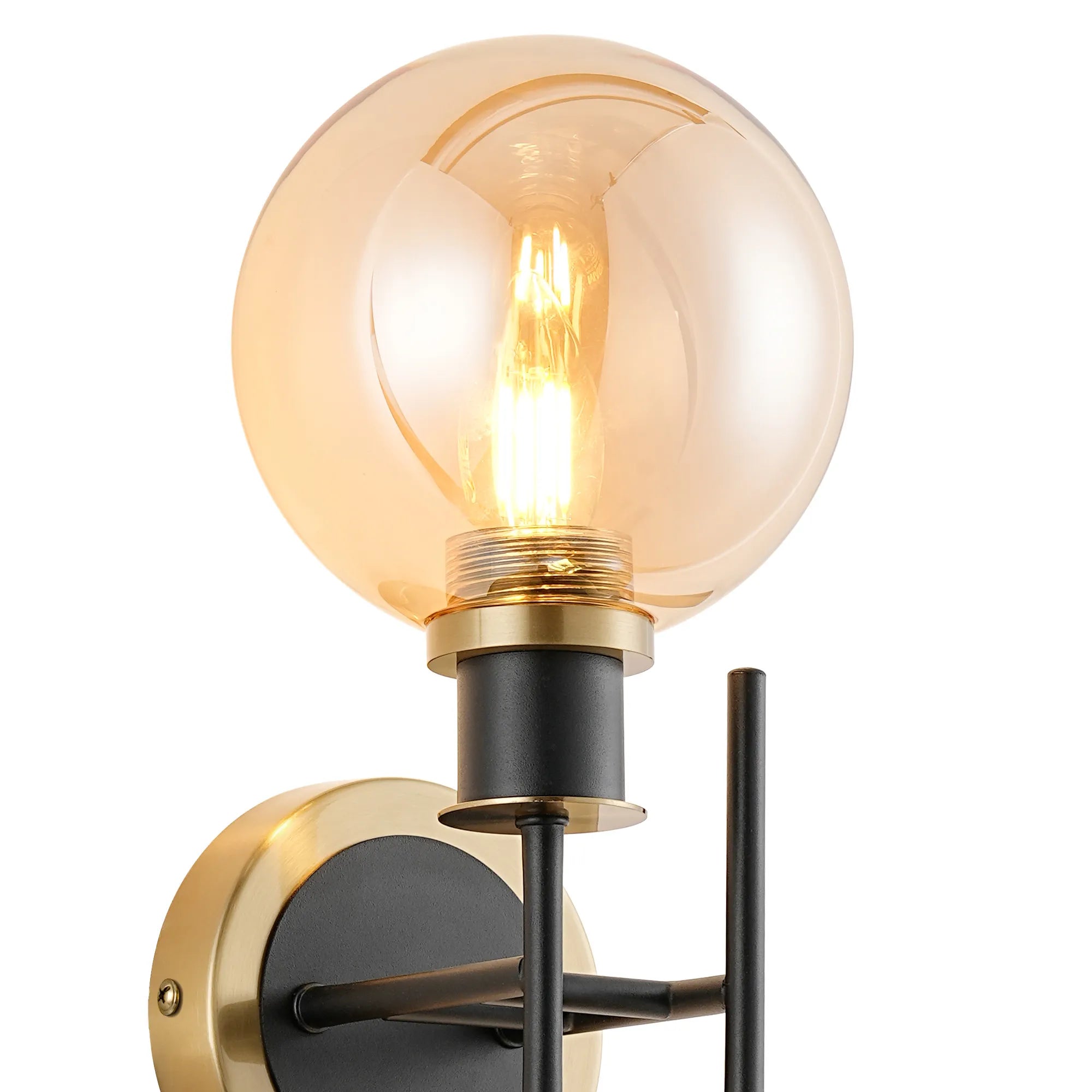 Sycamore Switched Wall Light 2 Light with 15cm Round Glass Shade - Brass, Amber Plated & Satin Black