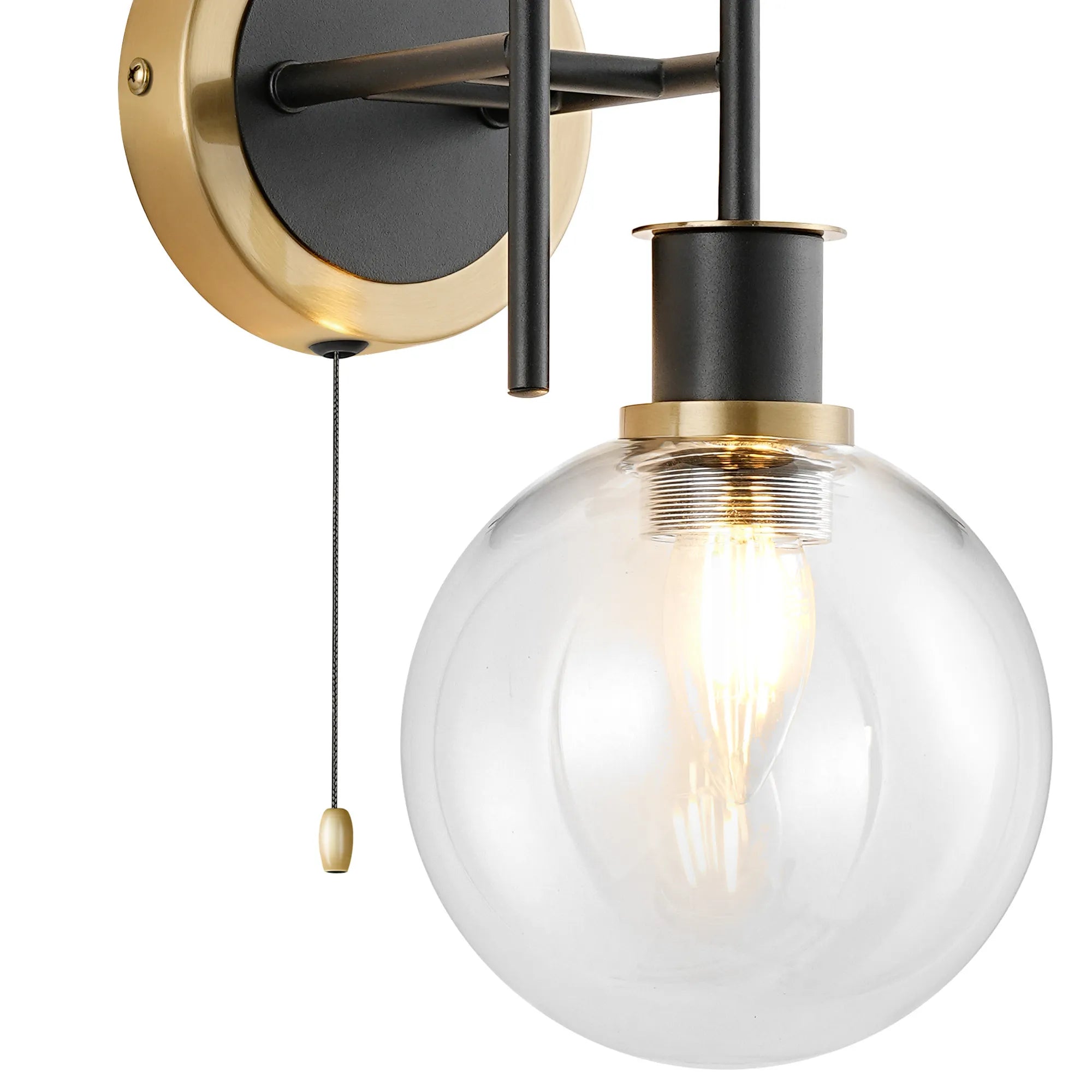 Sycamore Switched Wall Light 2 Light with 15cm Round Glass Shade - Brass, Clear & Satin Black