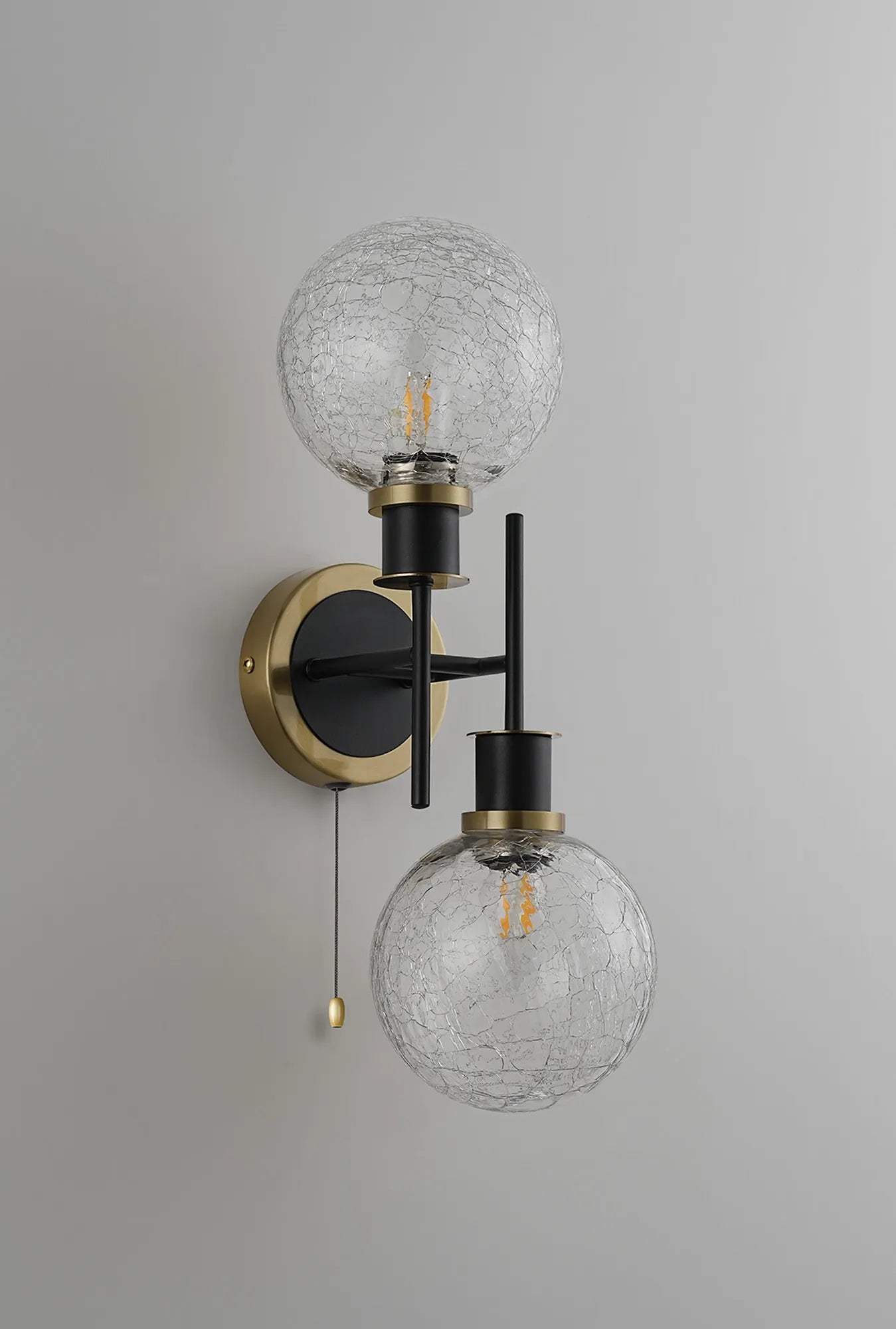 Sycamore Switched Wall Light 2 Light with 15cm Round Crackled Glass Shade - Brass, Clear & Satin Black