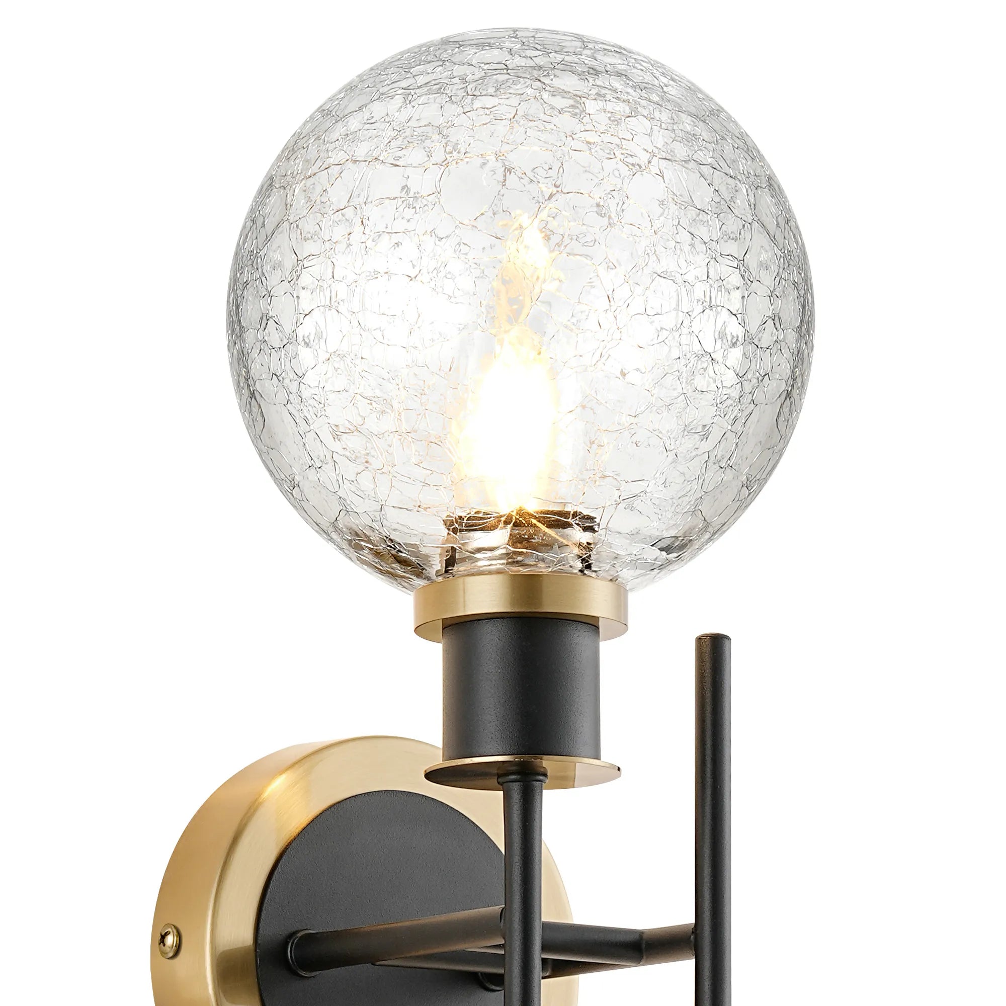 Sycamore Switched Wall Light 2 Light with 15cm Round Crackled Glass Shade - Brass, Clear & Satin Black