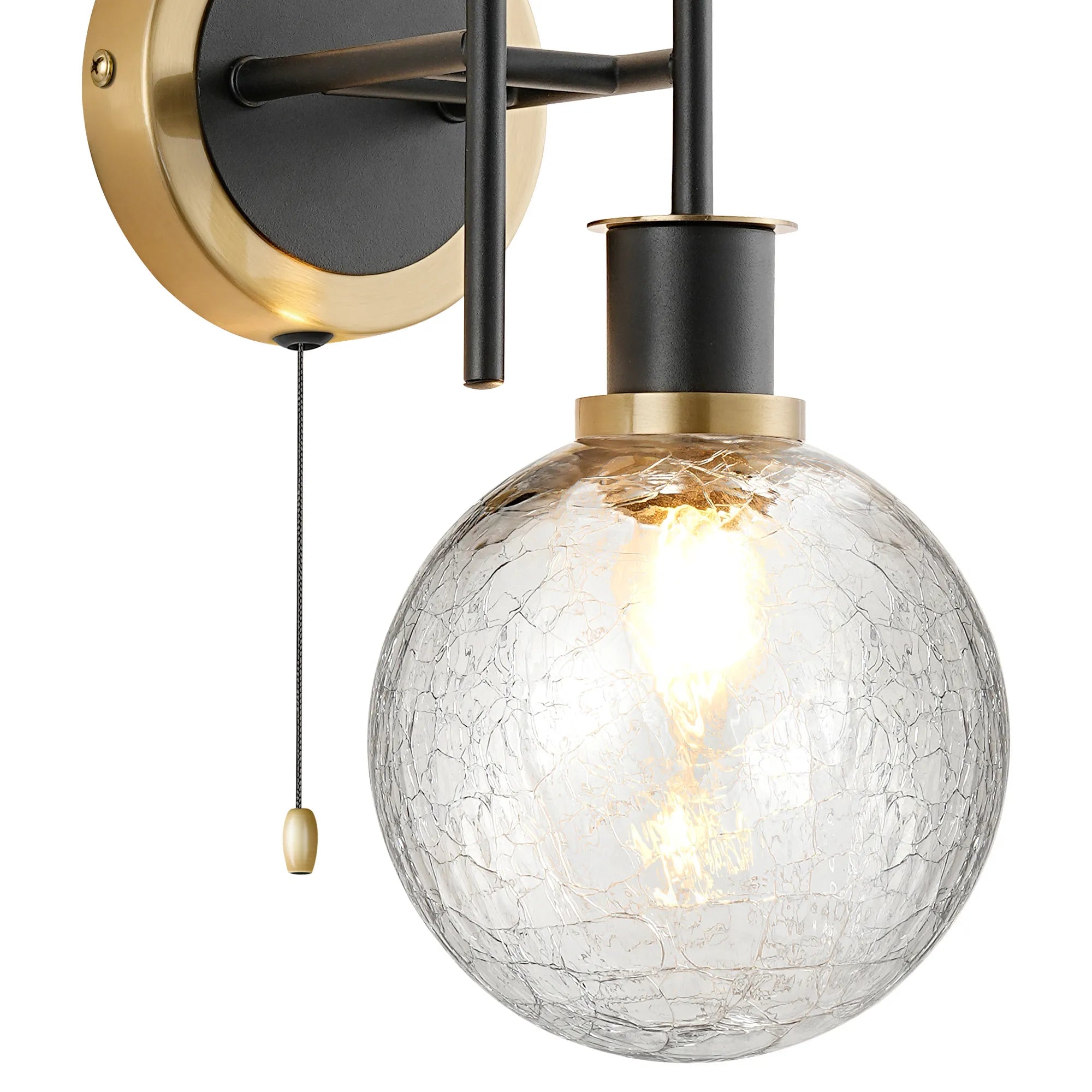 Sycamore Switched Wall Light 2 Light with 15cm Round Crackled Glass Shade - Brass, Clear & Satin Black