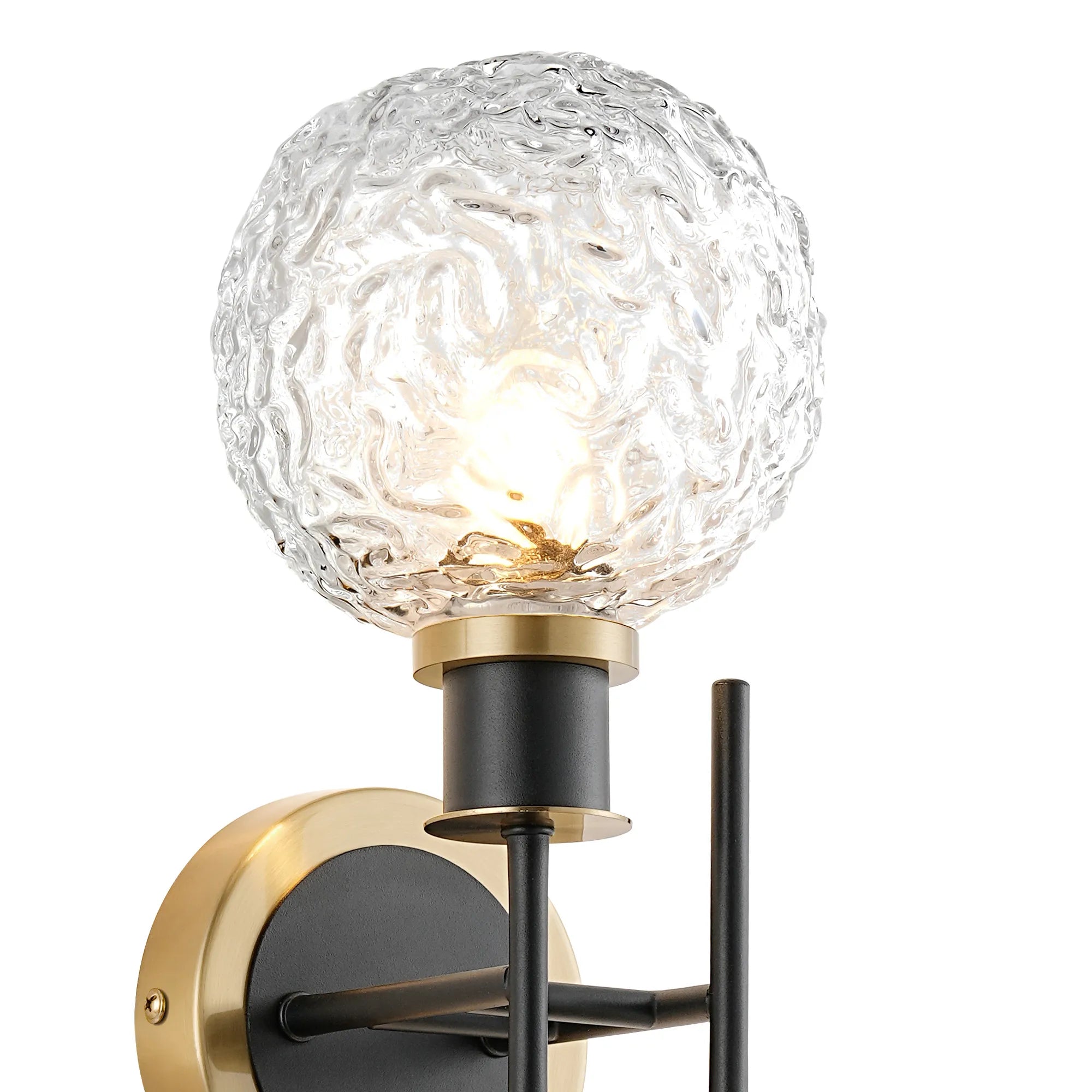 Sycamore Switched Wall Light 2 Light with 15cm Round Textured Crumple Glass Shade - Brass, Clear & Satin Black