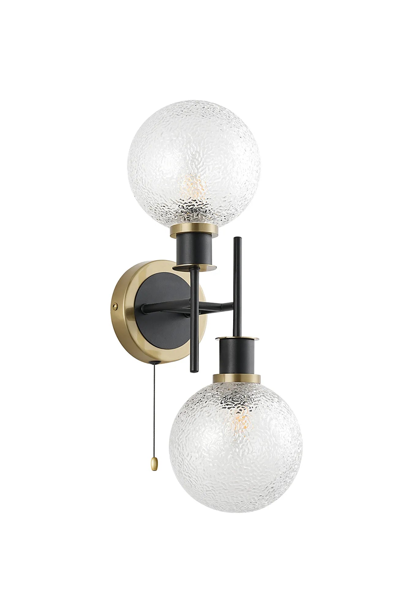 Sycamore Switched Wall Light 2 Light with 15cm Round Dimpled Glass Shade - Brass, Clear & Satin Black