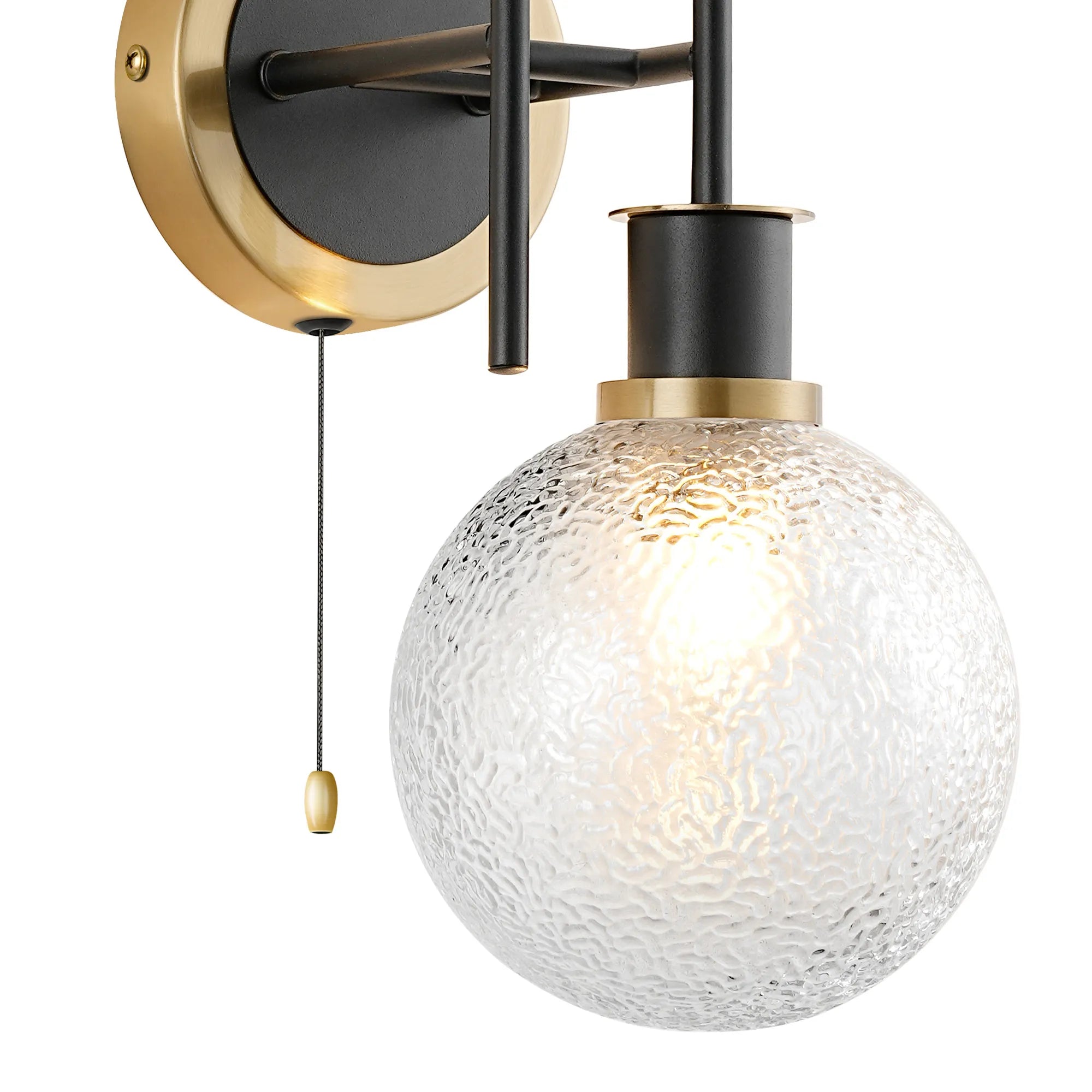 Sycamore Switched Wall Light 2 Light with 15cm Round Dimpled Glass Shade - Brass, Clear & Satin Black