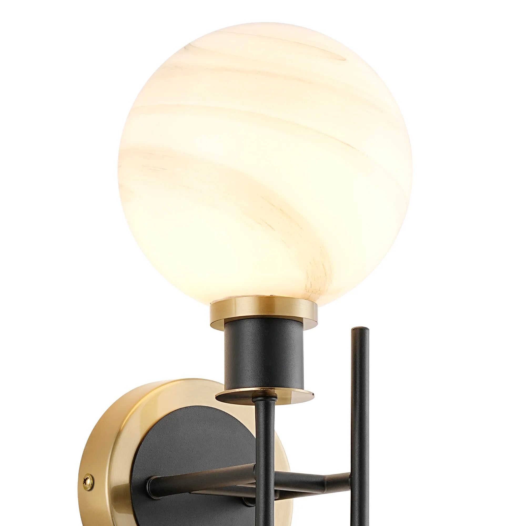 Sycamore Switched Wall Light 2 Light with 15cm Round Marble Effect Glass Shade - Brass, White & Satin Black