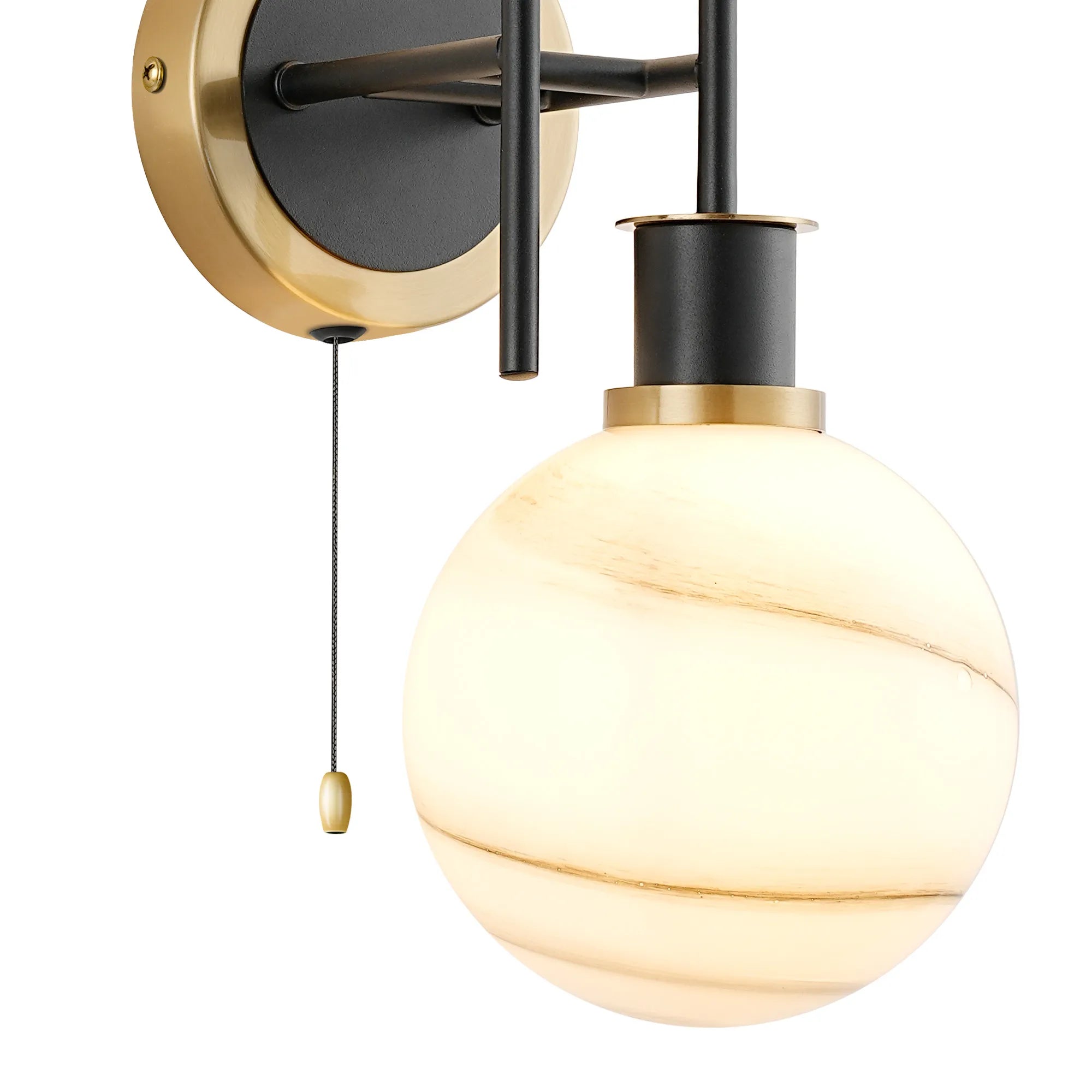Sycamore Switched Wall Light 2 Light with 15cm Round Marble Effect Glass Shade - Brass, White & Satin Black