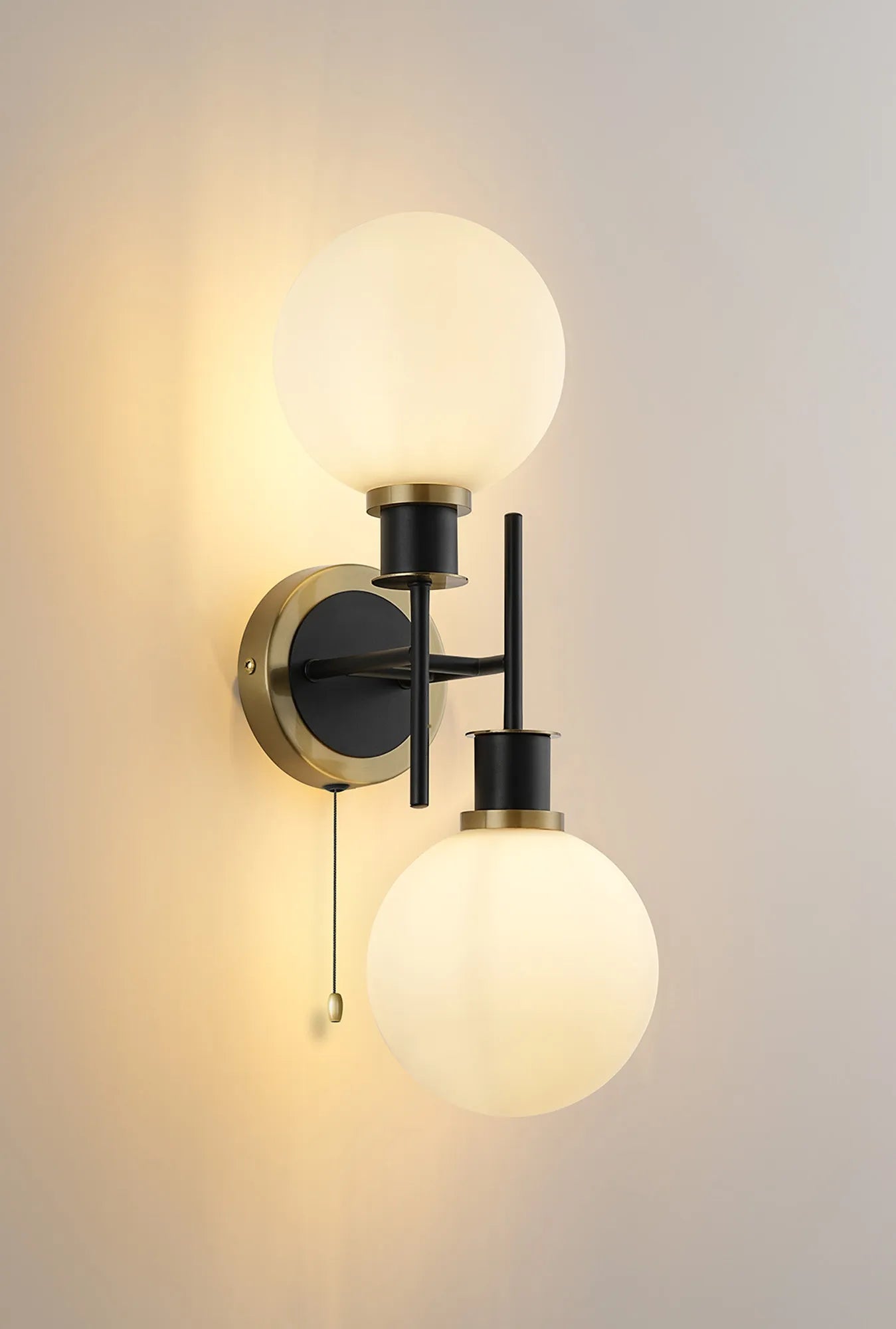 Sycamore Switched Wall Light 2 Light with 15cm Round Glass Shade - Brass, Opal & Satin Black