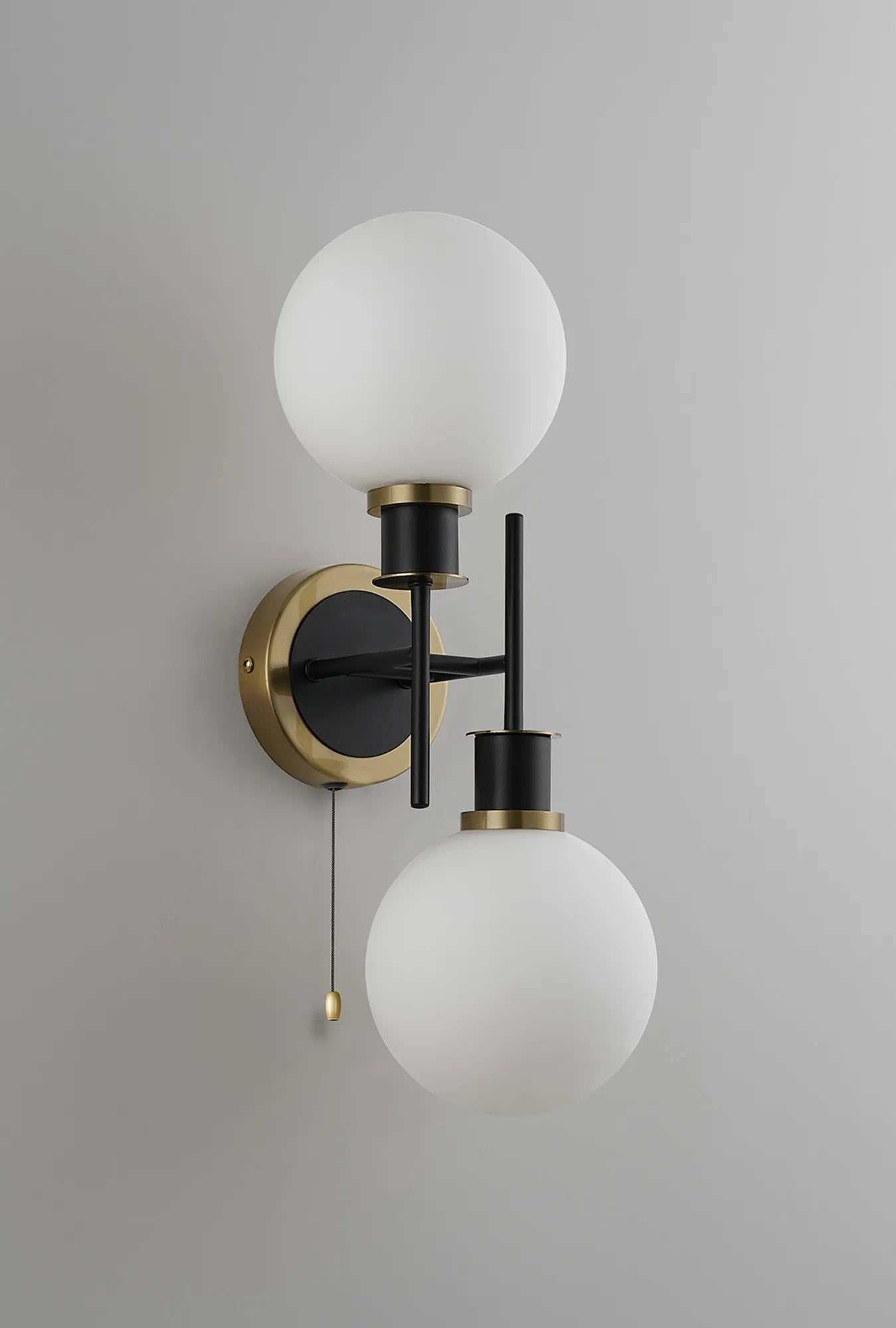 Sycamore Switched Wall Light 2 Light with 15cm Round Glass Shade - Brass, Opal & Satin Black