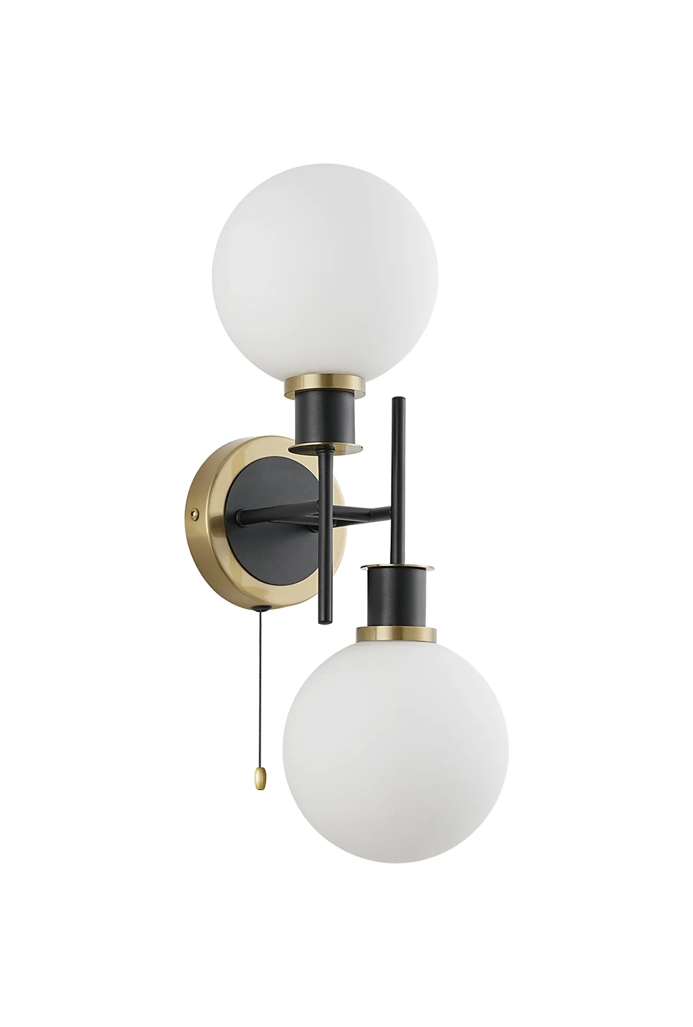 Sycamore Switched Wall Light 2 Light with 15cm Round Glass Shade - Brass, Opal & Satin Black