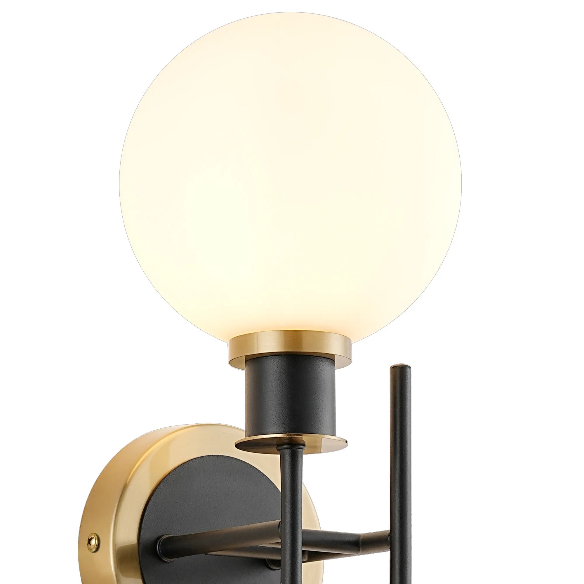 Sycamore Switched Wall Light 2 Light with 15cm Round Glass Shade - Brass, Opal & Satin Black