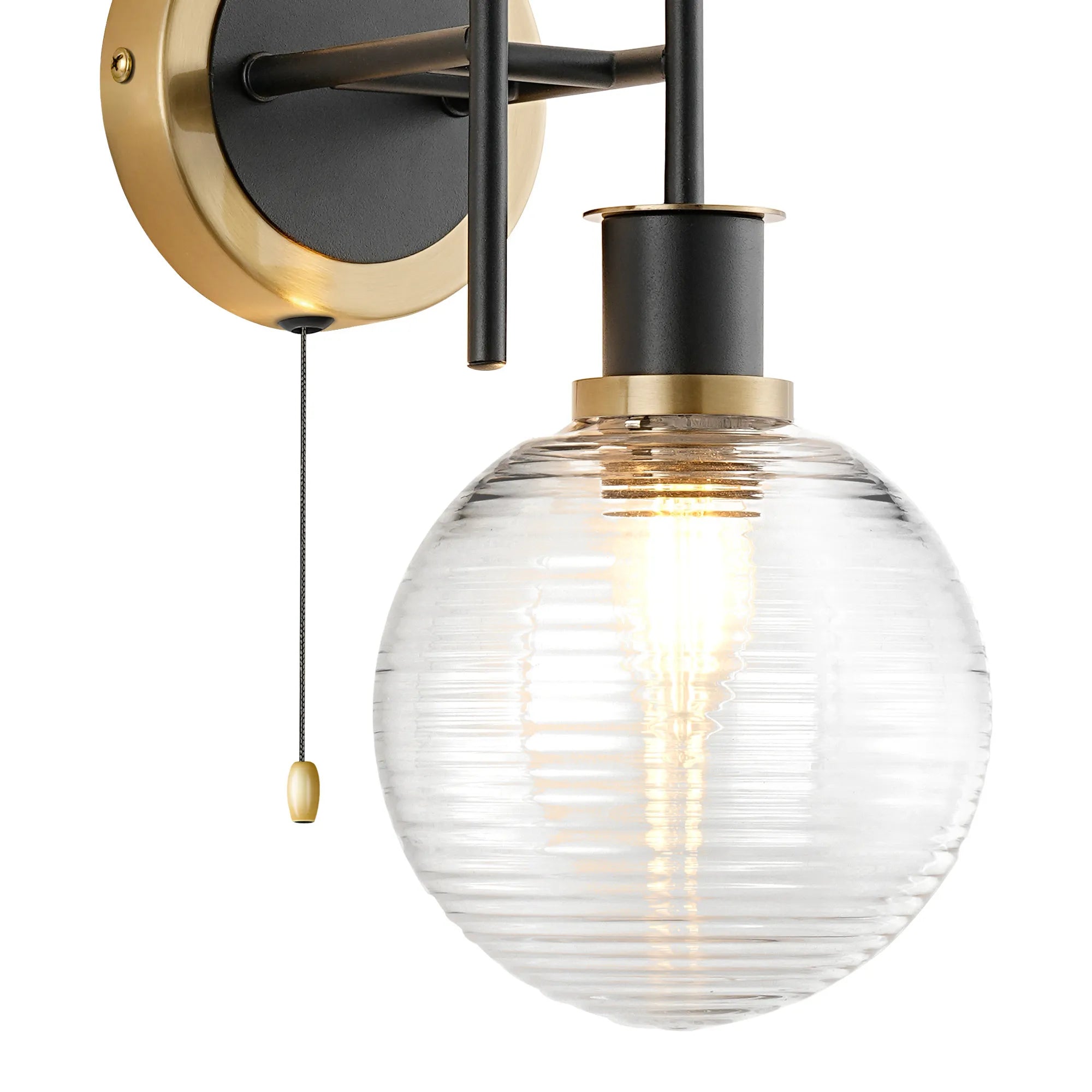 Sycamore Switched Wall Light 2 Light with 15cm Round Ribbed Glass Shade - Brass, Clear & Satin Black