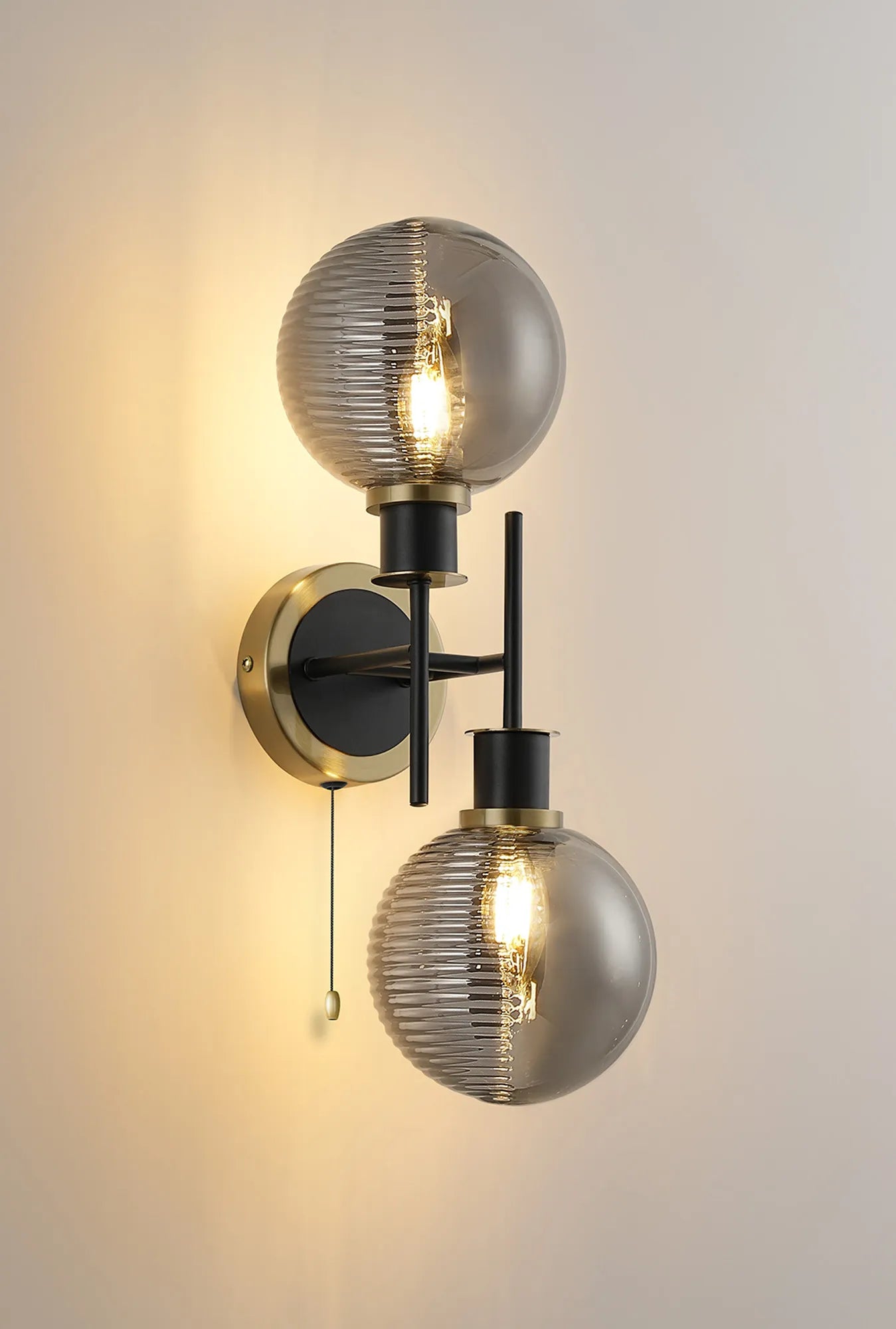 Sycamore Switched Wall Light 2 Light with 15cm Round Double Textured Smooth & Ribbed Glass Shade - Brass, Smoke Plated & Satin Black