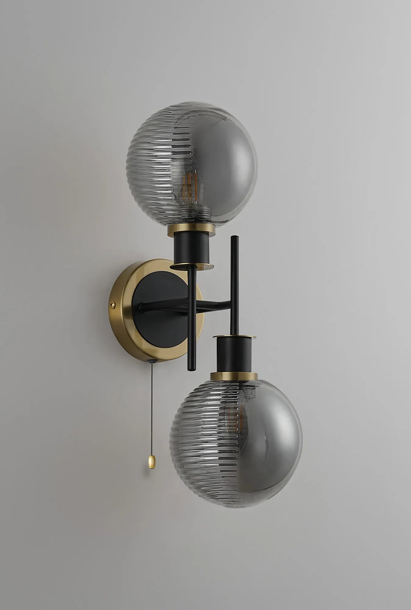 Sycamore Switched Wall Light 2 Light with 15cm Round Double Textured Smooth & Ribbed Glass Shade - Brass, Smoke Plated & Satin Black
