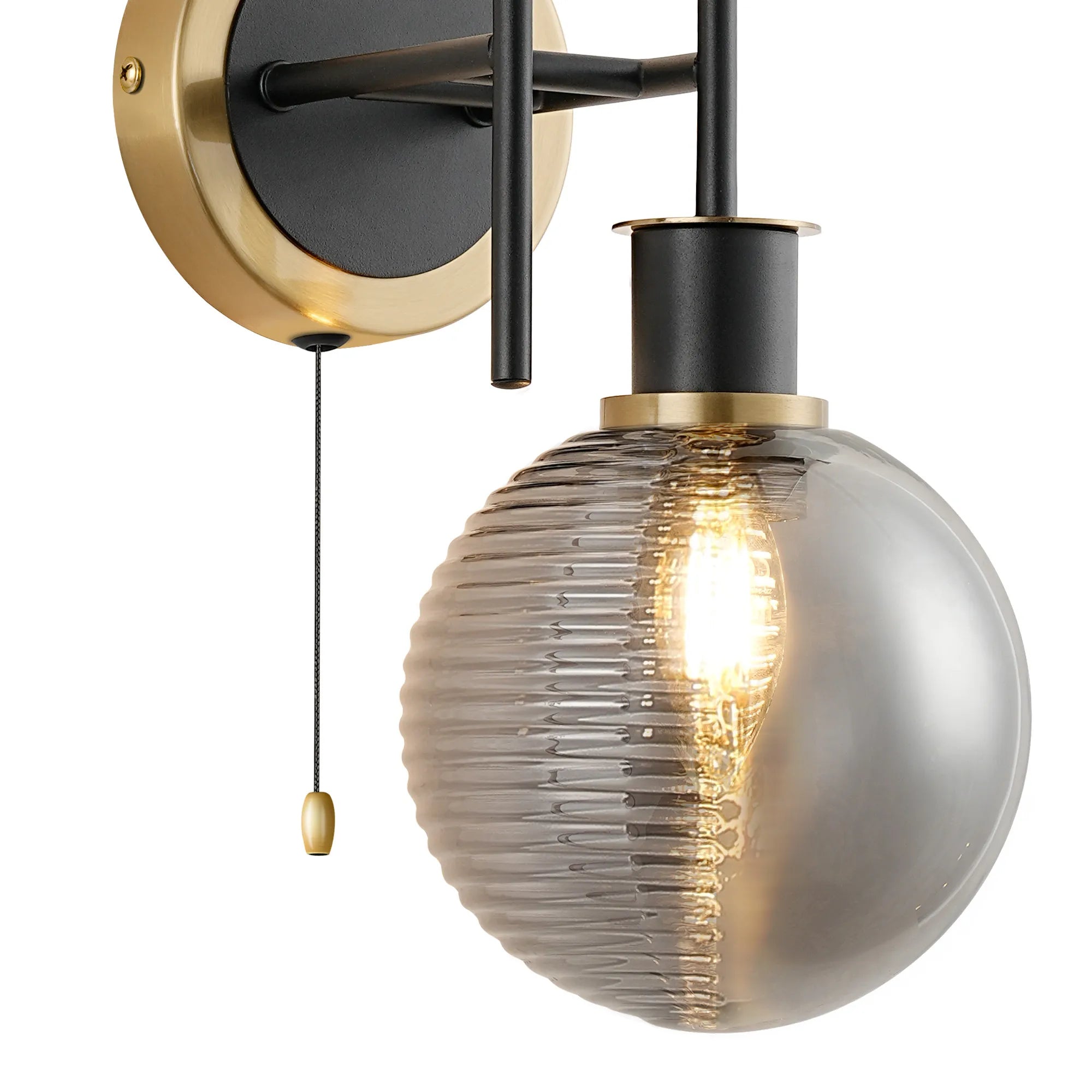 Sycamore Switched Wall Light 2 Light with 15cm Round Double Textured Smooth & Ribbed Glass Shade - Brass, Smoke Plated & Satin Black
