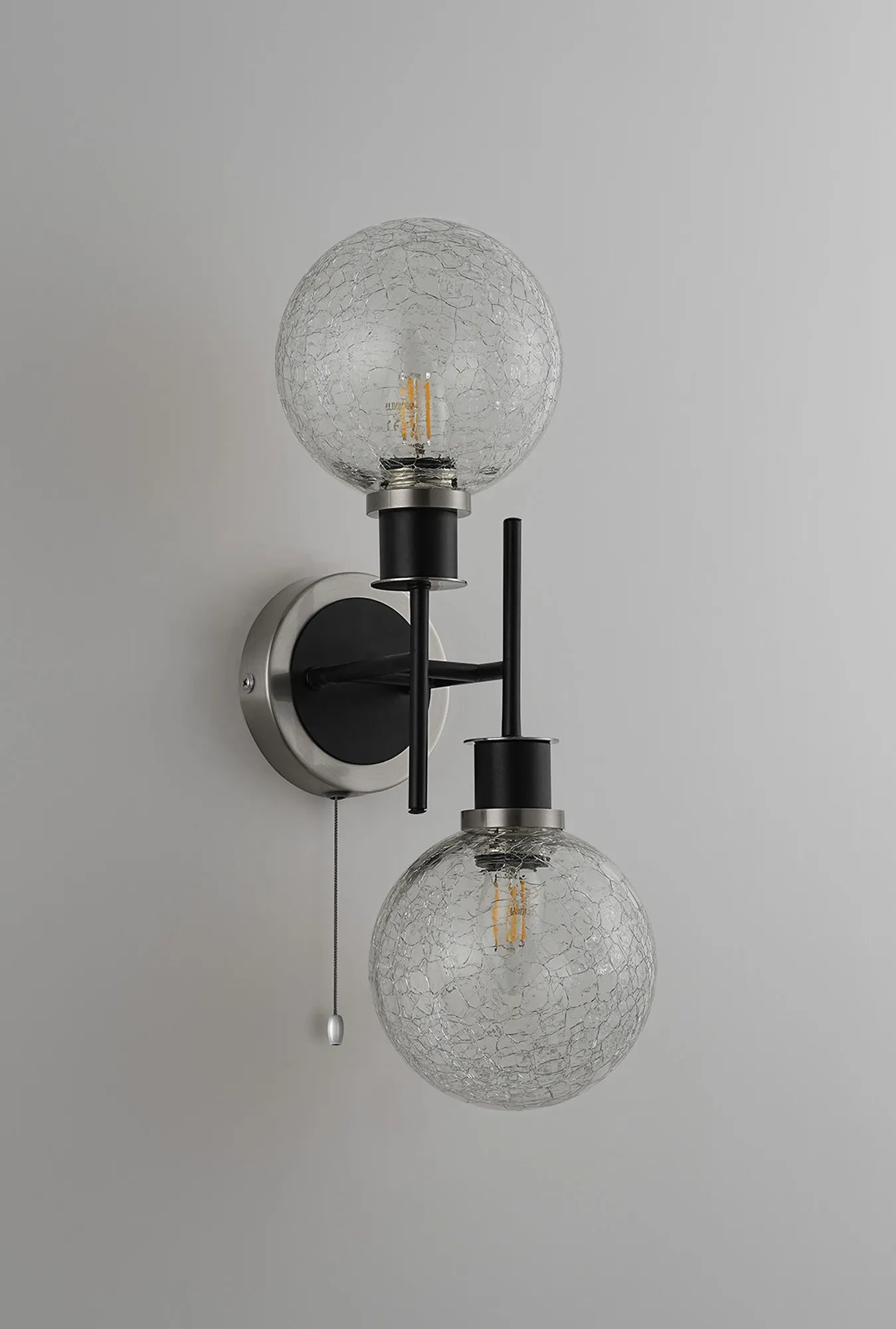 Sycamore Switched Wall Light 2 Light with 15cm Round Crackled Glass Shade - Satin Nickel, Clear & Satin Black
