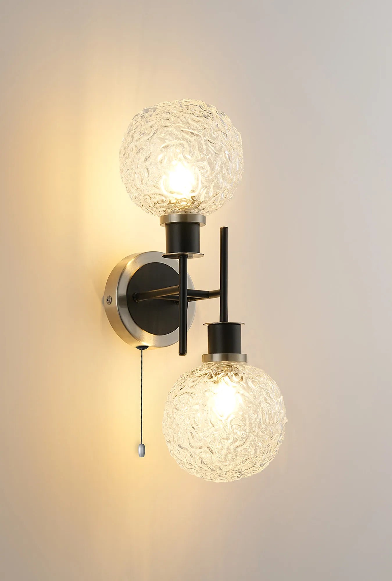 Sycamore Switched Wall Light 2 Light with 15cm Round Textured Crumple Glass Shade - Satin Nickel, Clear & Satin Black