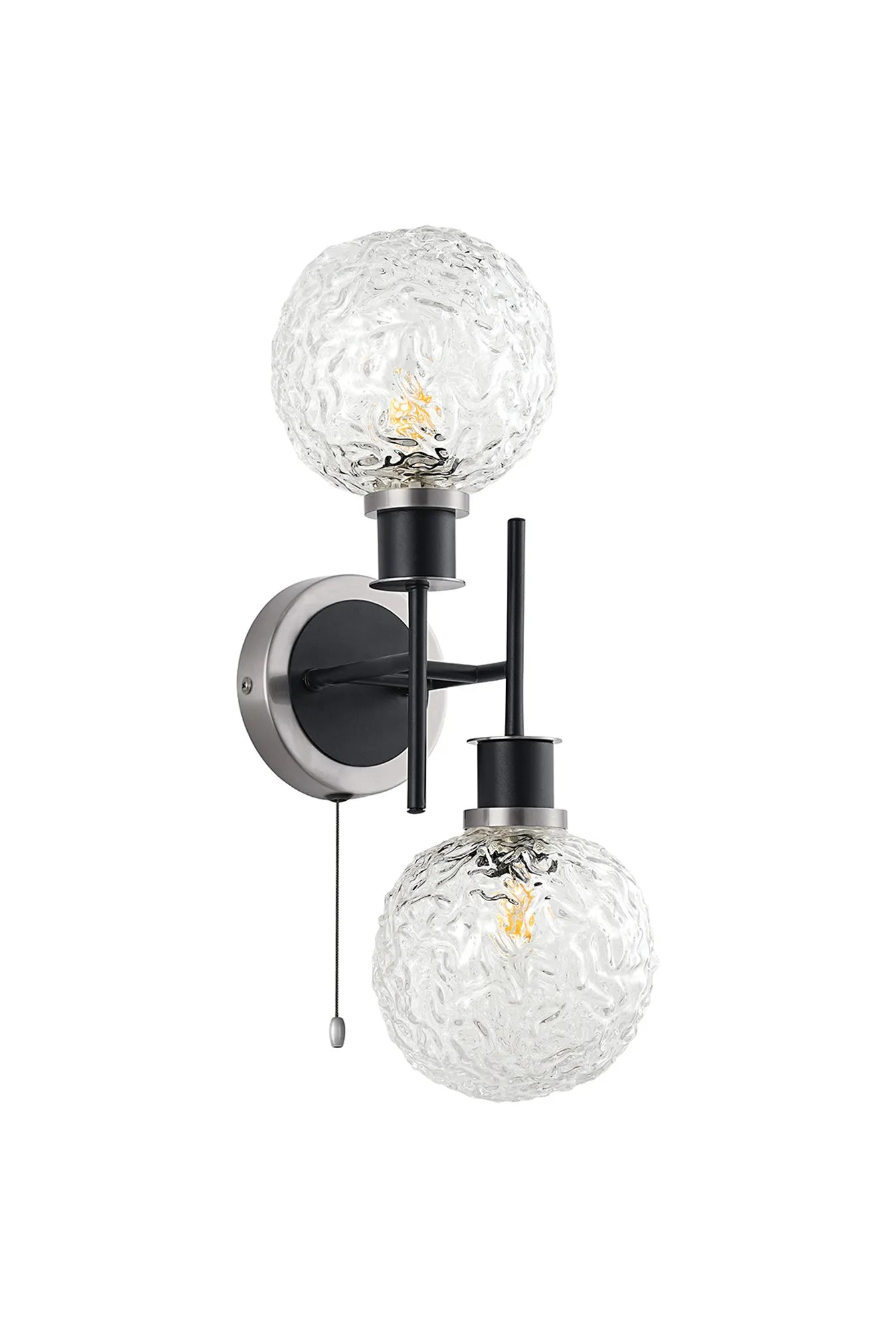 Sycamore Switched Wall Light 2 Light with 15cm Round Textured Crumple Glass Shade - Satin Nickel, Clear & Satin Black
