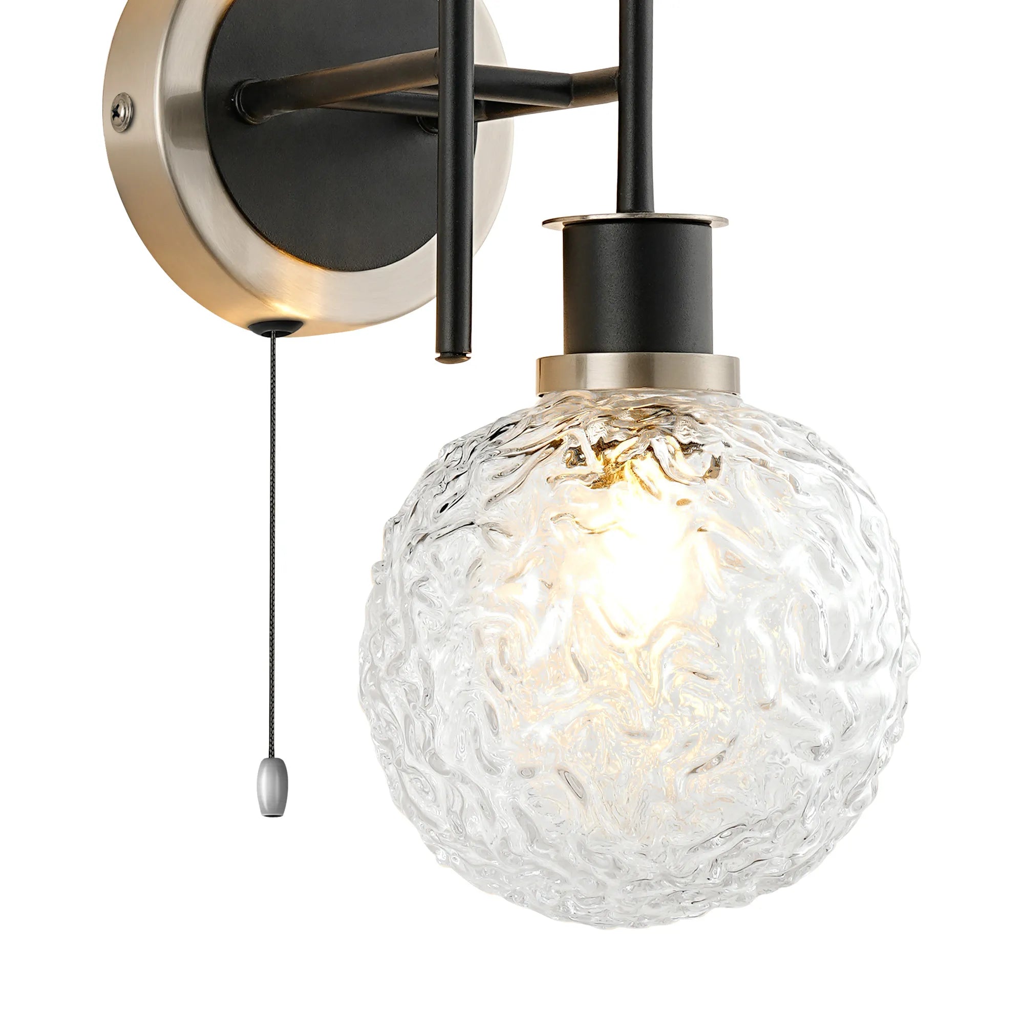 Sycamore Switched Wall Light 2 Light with 15cm Round Textured Crumple Glass Shade - Satin Nickel, Clear & Satin Black